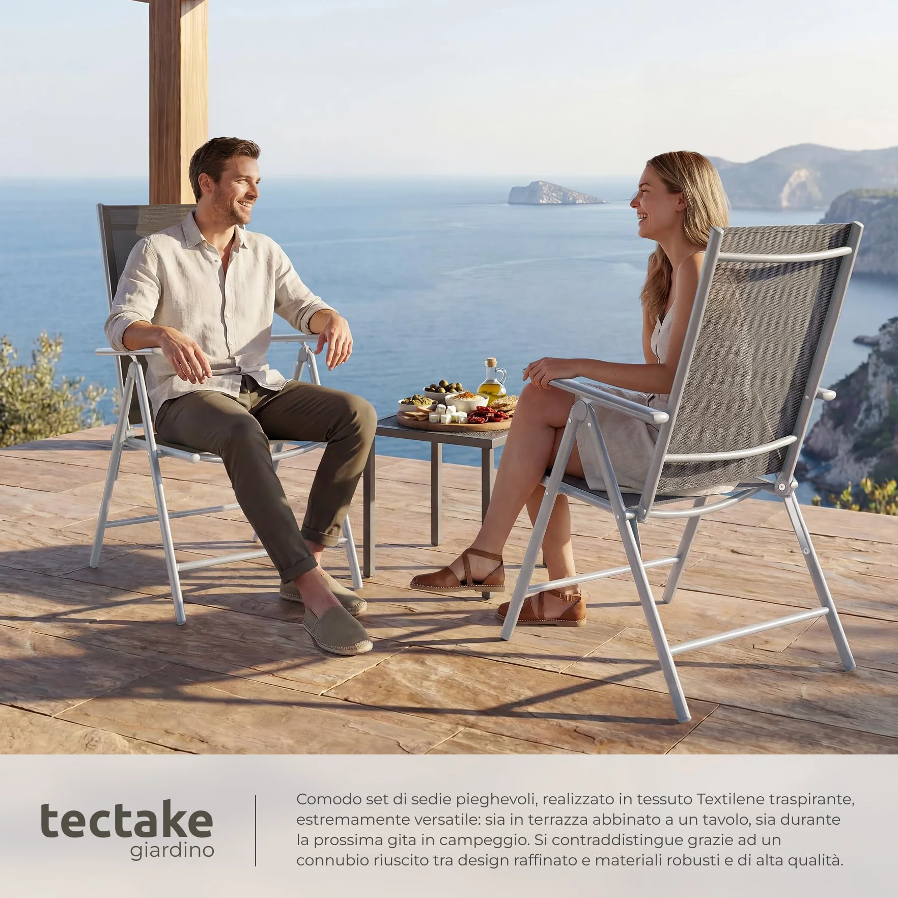 Set da 2 Sedie da Giardino in Alluminio Pieghevoli Schienale Regolabile 7 Posizioni 67x56x105cm Carico Max 110kg Grigio Argento