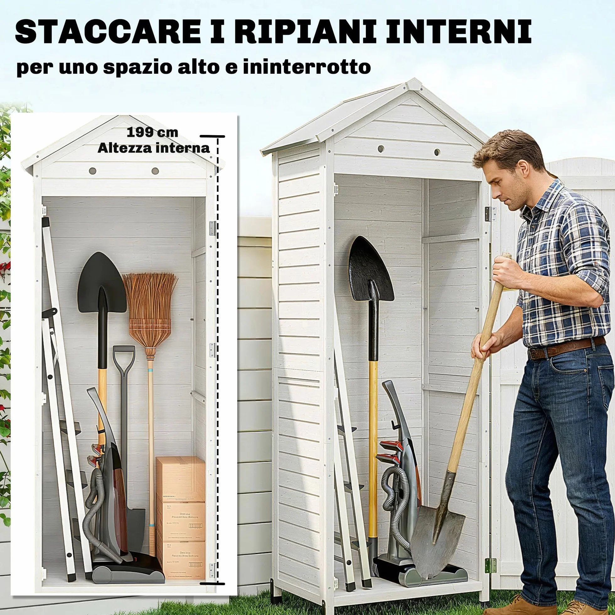 Outsunny Armadio da Giardino in Legno Alto, Casetta Porta Attrezzi da Esterno con Tetto Inclinato Zincato, Ripiani Regolabili, Prese d'Aria, Kit Antiribaltamento, 85x58x213cm, Finitura Goffrata Bianco