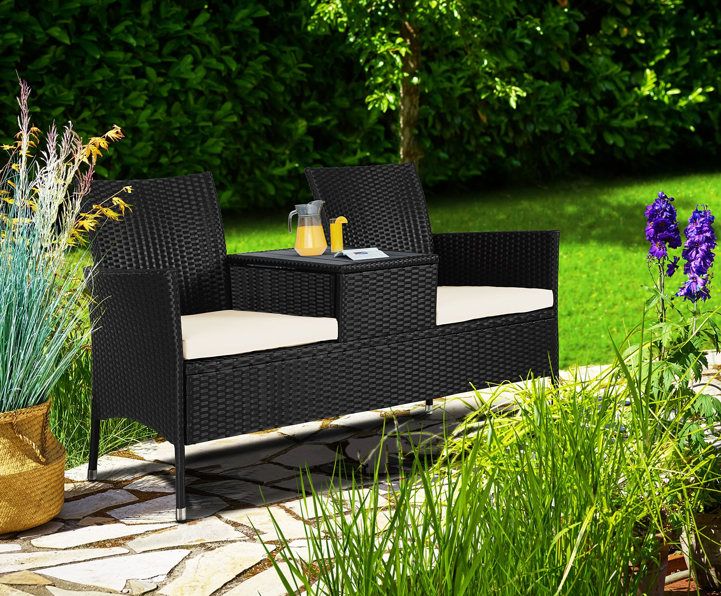 Casaria® Panchina da Giardino Poly Rattan 143x64x88cm Tavolino Portaoggetti Salottino Outdoor Balcone Terrazza 2 posti