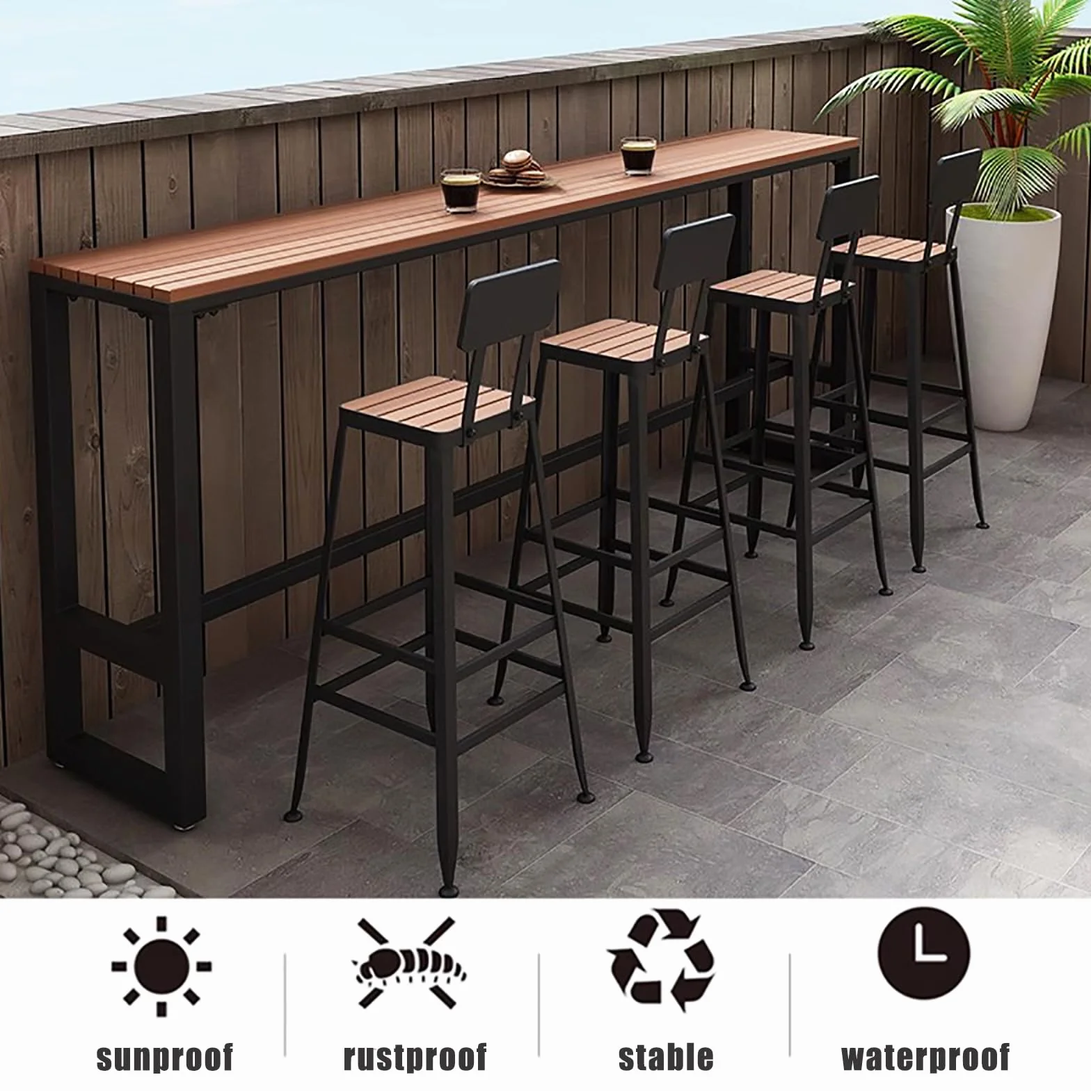 Modern Trestle Table Rectangular Outdoor Bar Table,Waterproof,Wooden Balcony Bar Table for Railings,Narrow Pub Patio Bar Table Wood Counter Height Table-Table Only(63 “L X 15.7 ‘W X 41.3 ’H,