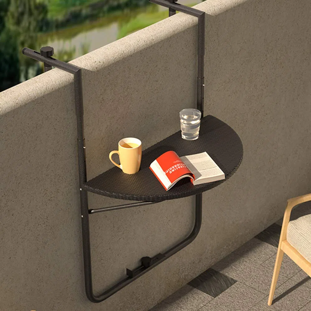 BAKAJI Tavolo Pieghevole da Ringhiera Esterno Balcone Altezza Regolabile Metallo Polyrattan Portabicchieri 60x64cm Nero