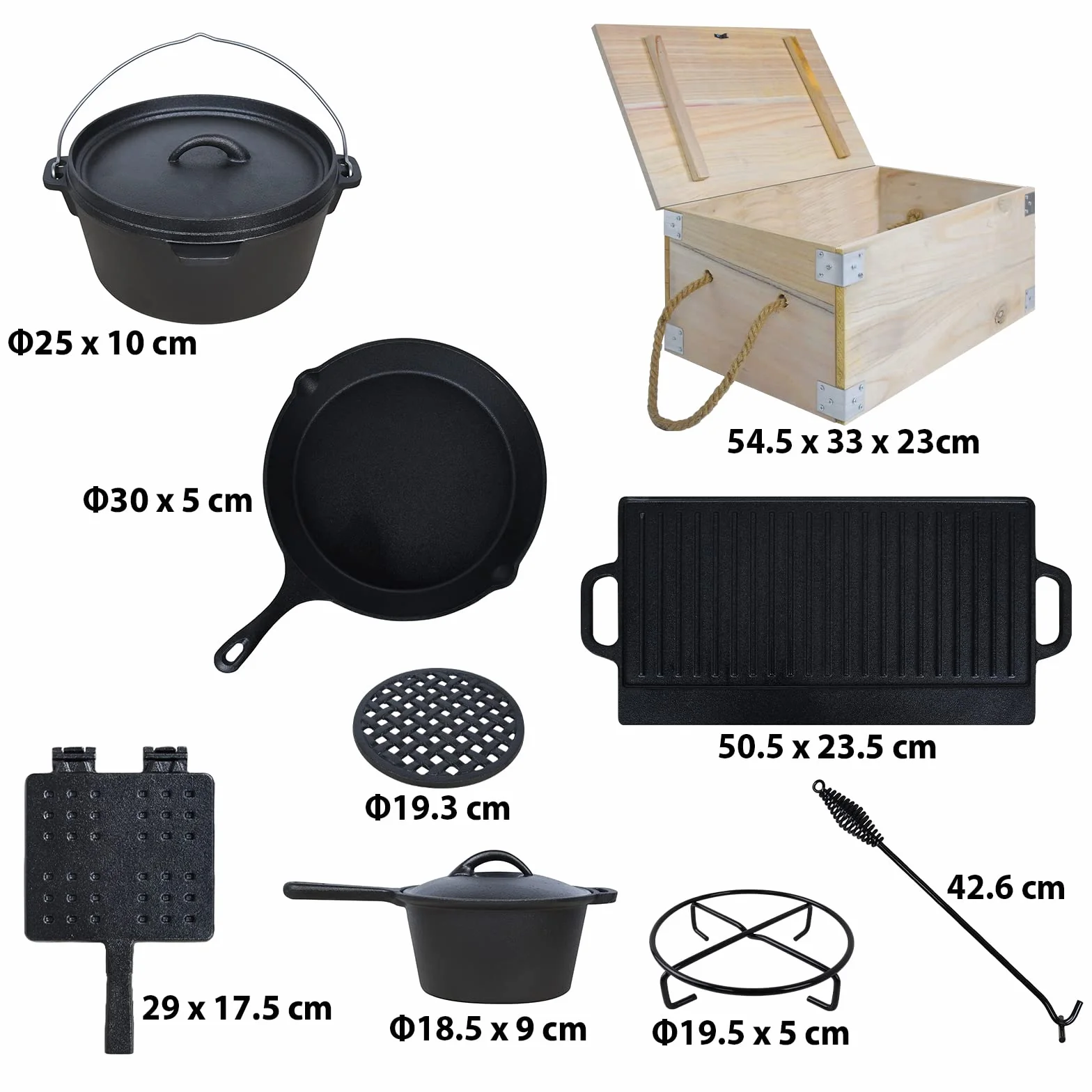 Dutch Oven Set da 12 pezzi in scatola di legno per barbecue con piedini e coperchio, pentola in ghisa per forno a microonde e per interni con molti accessori