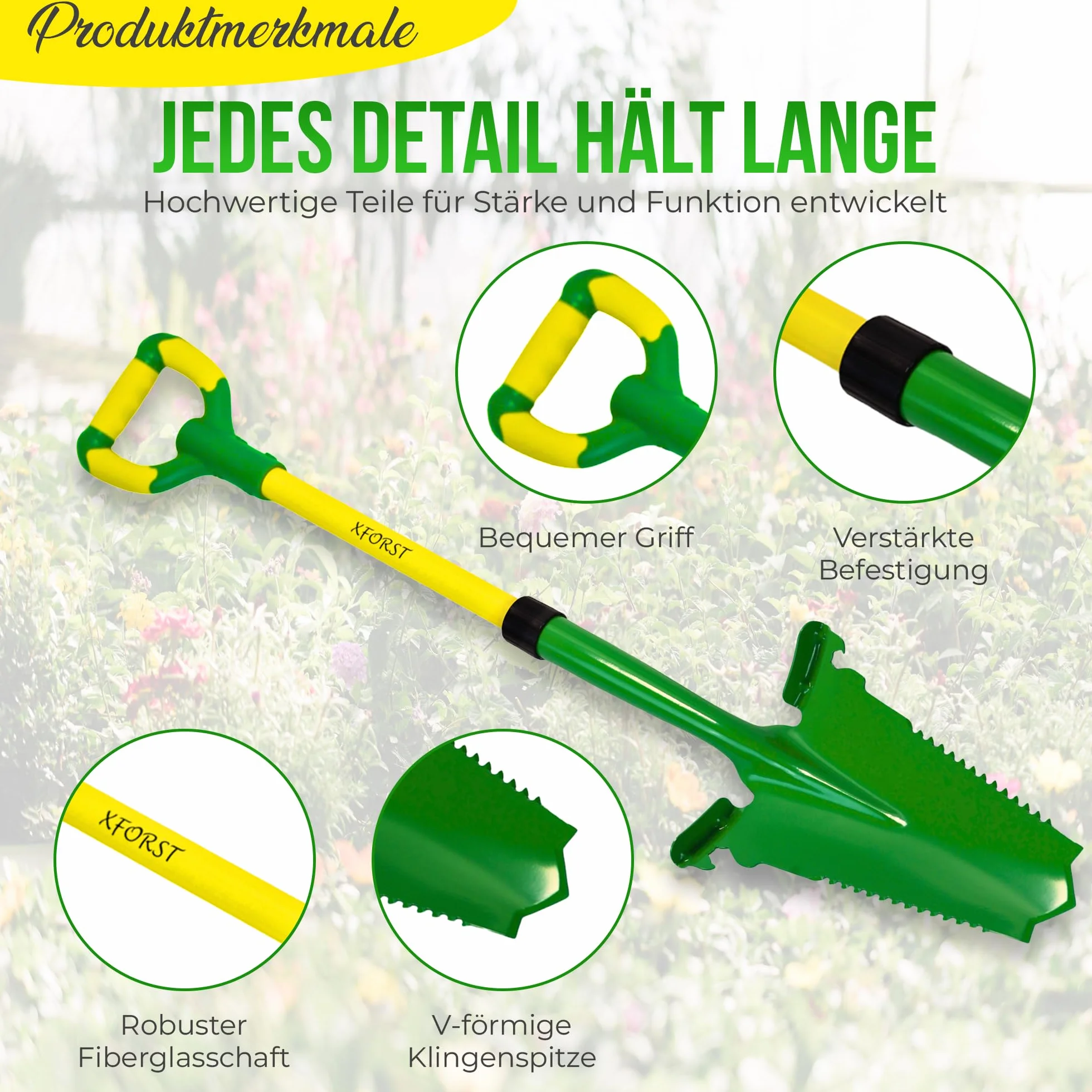 Xforst Vanga da Giardino SZ3 – Vanga con Sega per Radici 114 cm – Lama in Acciaio al Carbonio 25×35 cm – Manico in Fibra di Vetro Giallo con Impugnatura Ergonomica – Attrezzo da Giardinaggio e Outdoor