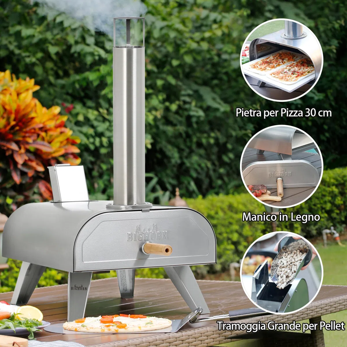 BIG HORN OUTDOORS Forno a Pellet per Pizza 12 Pollici, Portatile con Pietra Refrattaria, Acciaio Inox