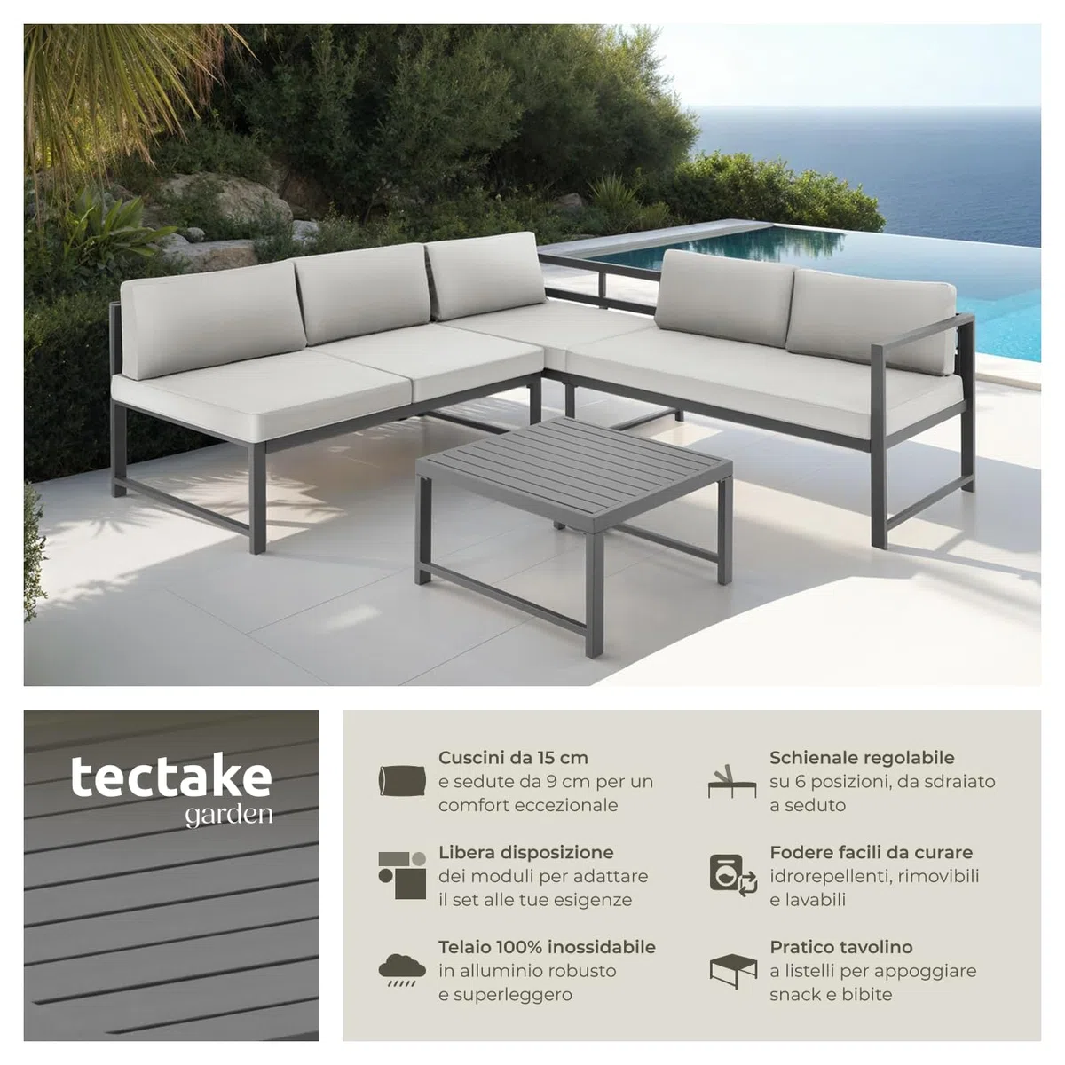 tectake® Set da Giardino, 2 Divani con Morbidi Cuscini, 1 Tavolino Salotto, Salotto da Giardino Esterno, Arredo Giardino per Esterno, Set Giardino Esterno Design Moderno - Grigio