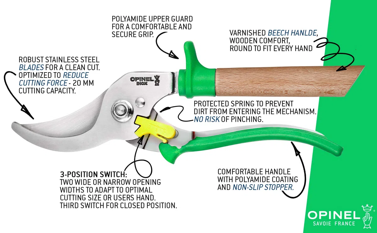 Opinel Forbici da Giardino Prairie 3 Posizioni Lama Acciaio Inossidabile Manico Faggio