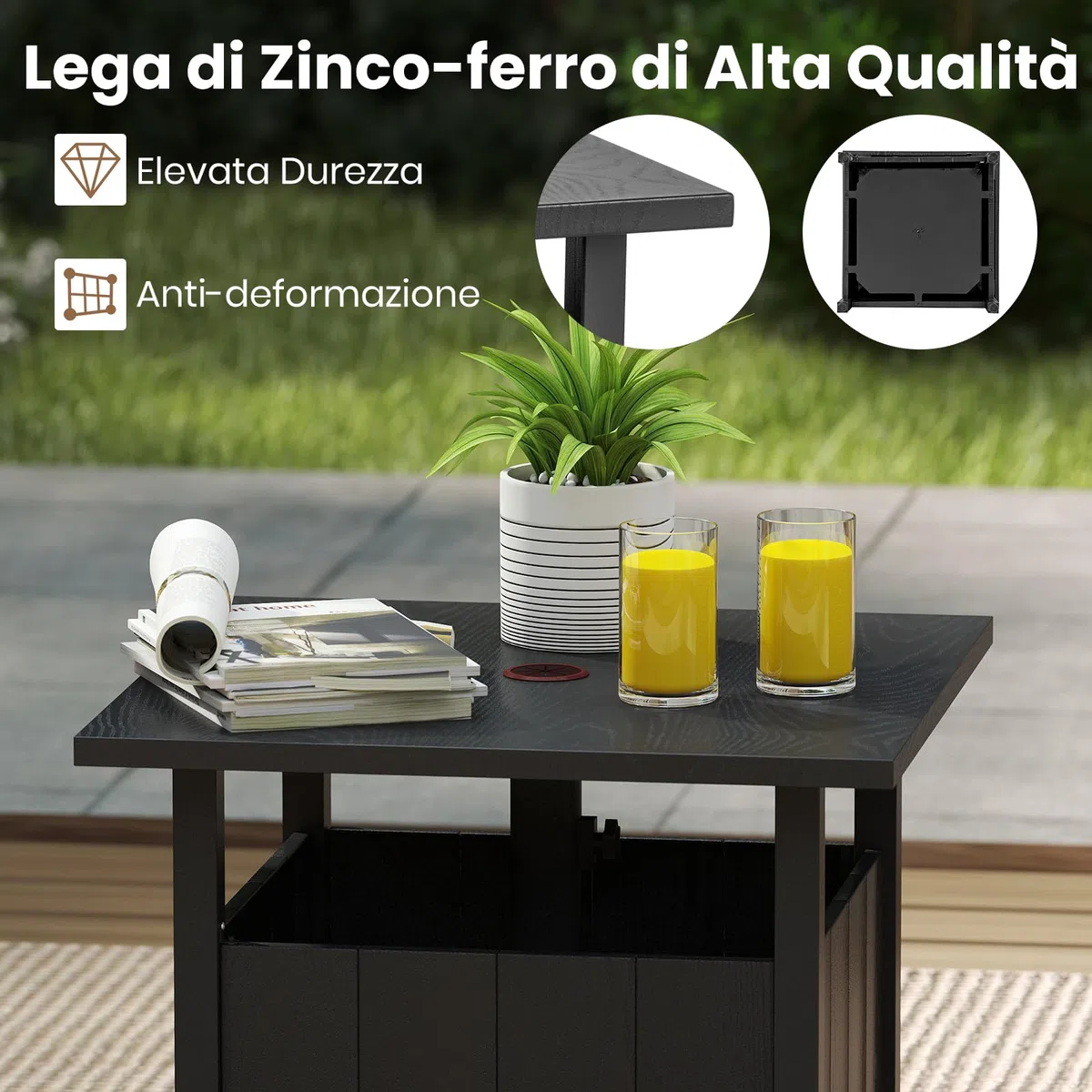 RELAX4LIFE 2 in 1 Tavolino Laterale in Metallo con Foro per Ombrellone 5cm Manopole Regolabili Tavolo da Giardino 80KG 55,5x55,5x48cm