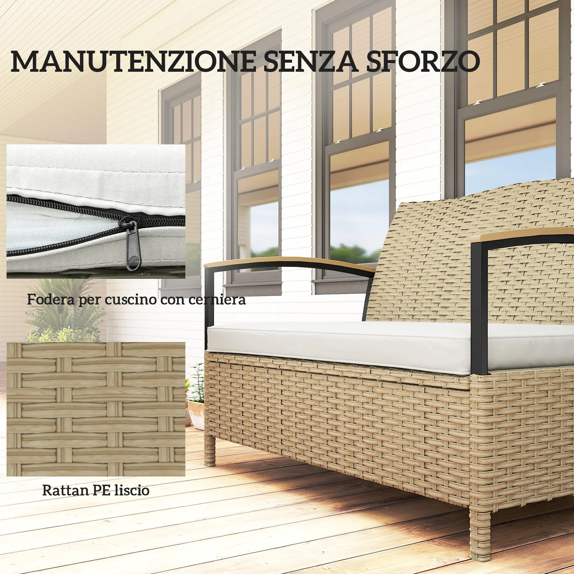 Outsunny Baule da Esterno, Panca Contenitore da Giardino 125L, Divanetto 2 Posti in Rattan PE con Cuscino Imbottito, Struttura in Metallo per Patio, Giardino e Balcone, Cachi