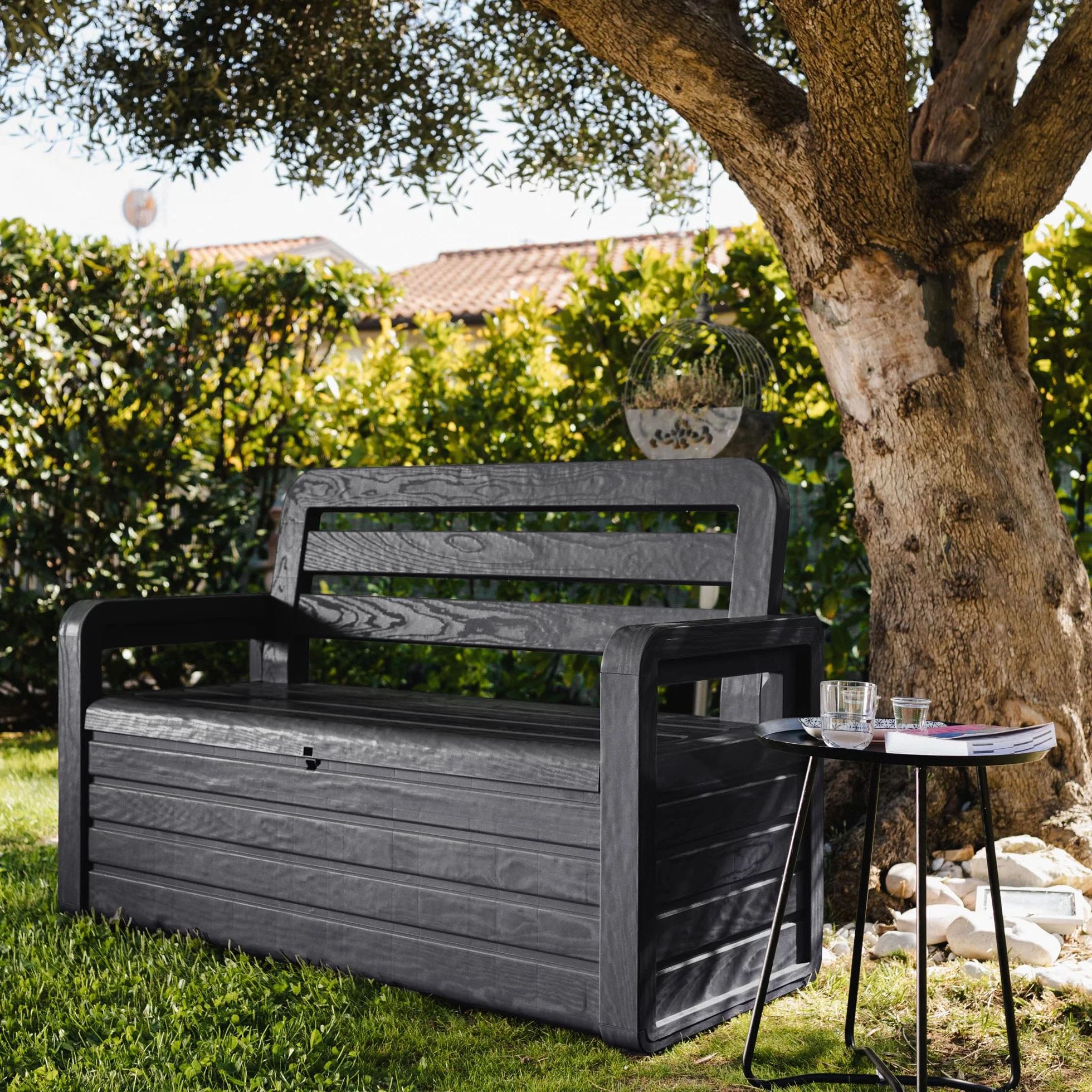 Toomax Foreverspring Cassapanca da 270 litri con seduta per 2 persone 132.5x58x89h cm panca da giardino effetto legno antracite plastica resistente ai raggi UV
