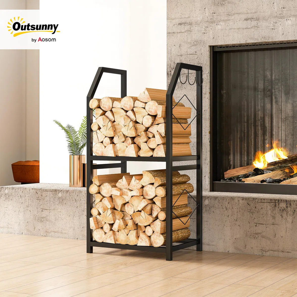 Outsunny Porta Legna in Metallo 2 Livelli 3 Ganci 100kg 41x30x81 cm Nero