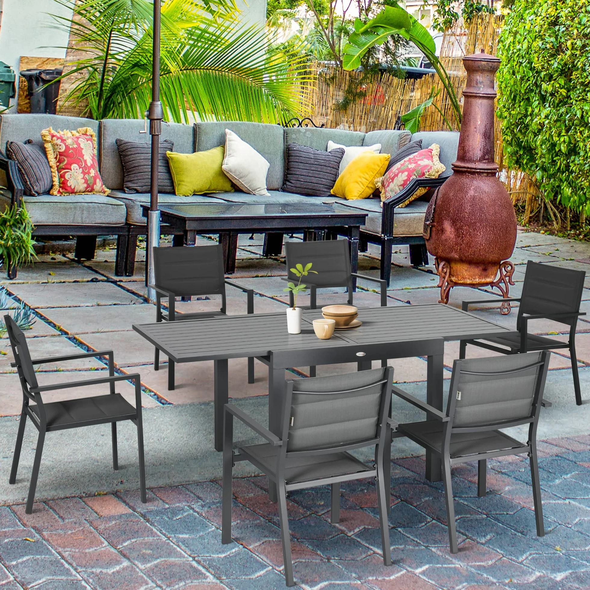 Outsunny Set da Giardino in Alluminio 7 Pezzi Tavolo Rettangolare Allungabile 6 Sedie Grigio
