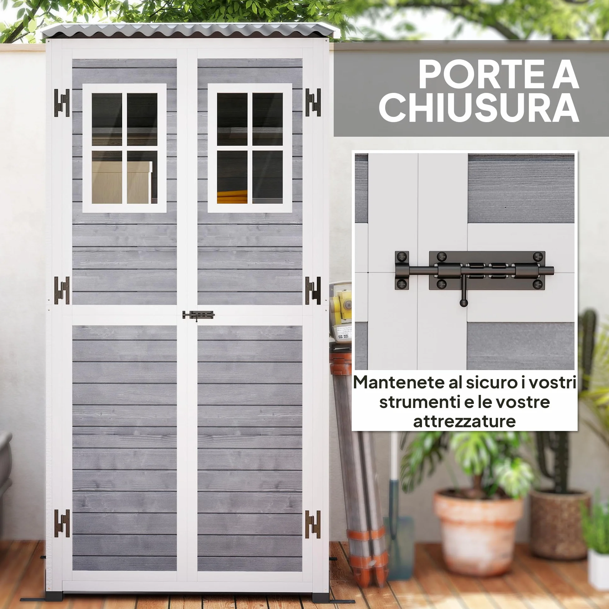 Outsunny Capanno Porta Attrezzi da Giardino in Legno di Abete con 2 Finestre e Ripiani Regolabili, Casetta Attrezzi Giardino Bloccabile, Tetto Spiovente per Patio Terrazza, 91x69x192cm, Grigio Chiaro