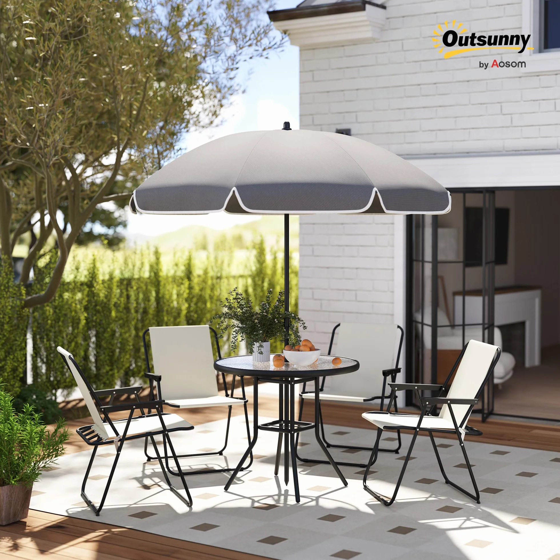 Outsunny Set Tavolo e Sedie da Giardino 6 Pezzi Acciaio Ombrellone, Mobili 4 Sedie Pieghevoli Textilene Tavolo Rotondo Vetro, Esterno Patio Terrazzo Crema