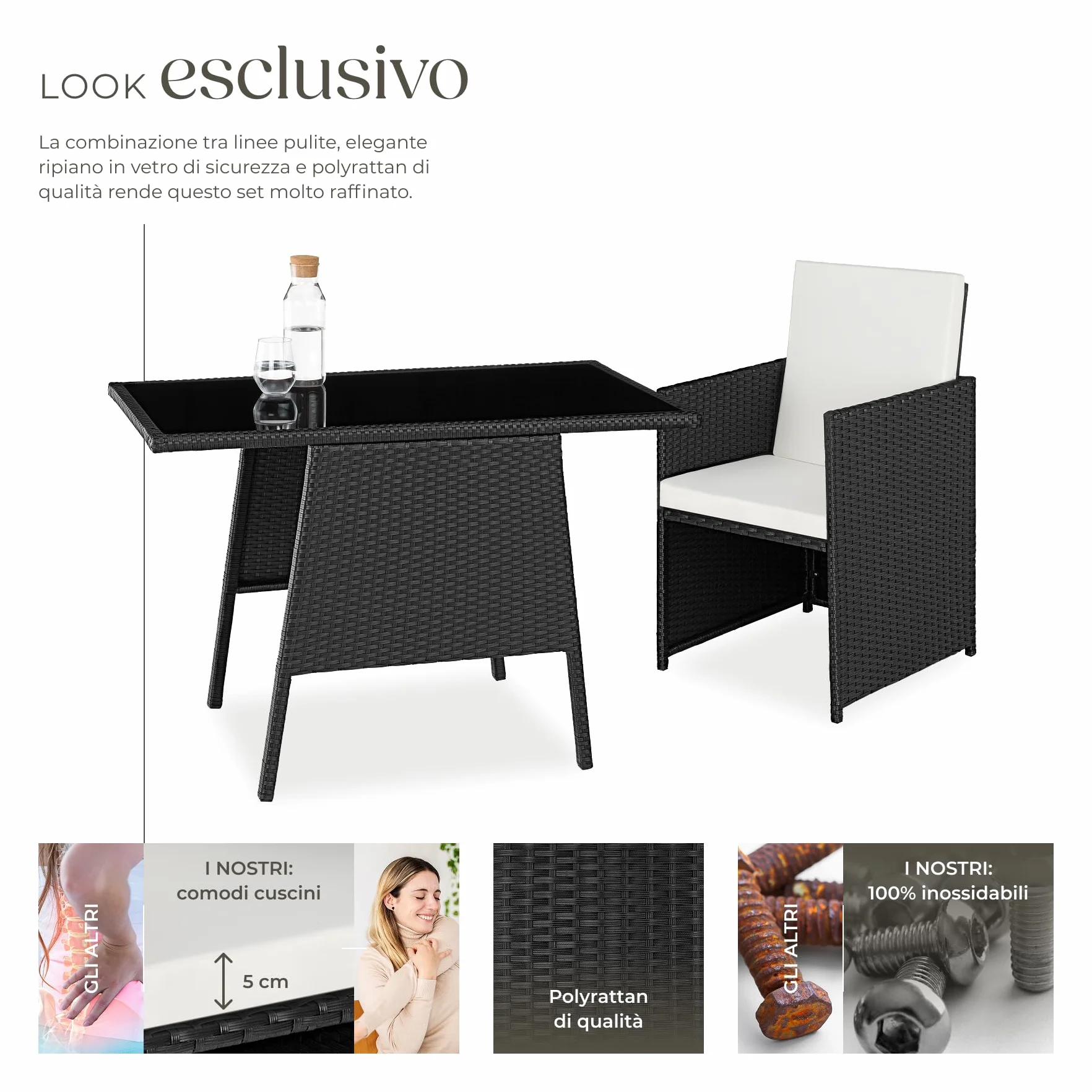 tectake Salottino Rattan Losanna Set da Giardino 2 Poltrone 1 Tavolo Acciaio Vetro Nero