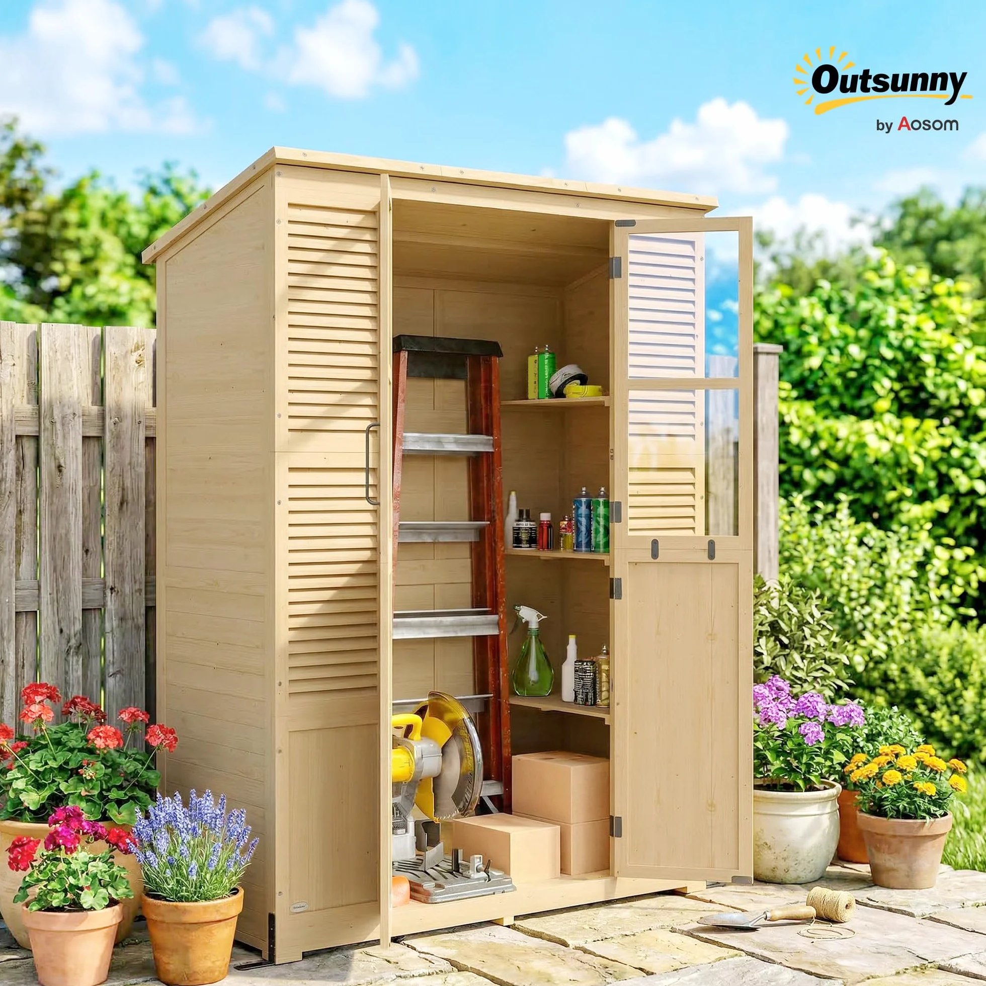 Outsunny Armadio da Giardino in Legno Abete Walk-in, Casetta Porta Attrezzi da Esterno con Tetto Inclinato Asfalto, 4 Finestre, 6 Ripiani, Prese d'Aria, Kit Antiribaltamento, 147x68x198cm, Color Legno