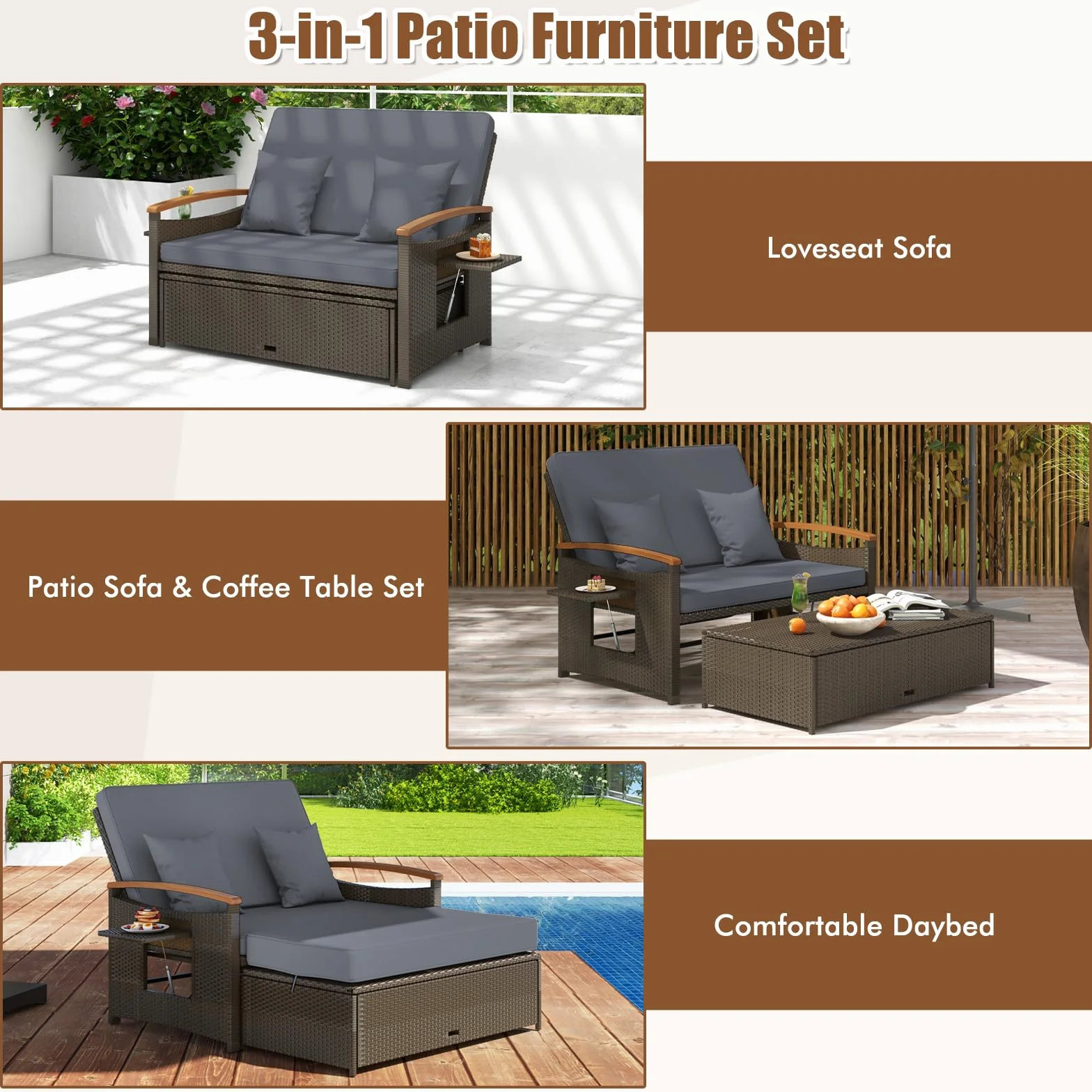 GIANTEX Divano da Giardino in Rattan a 2 Posti con Funzione Allungata, Set di Mobili in Rattan con Sgabello, Doppia Sedia a Sdraio per 2 Persone, 3 Colori (Cuscino Grigio)