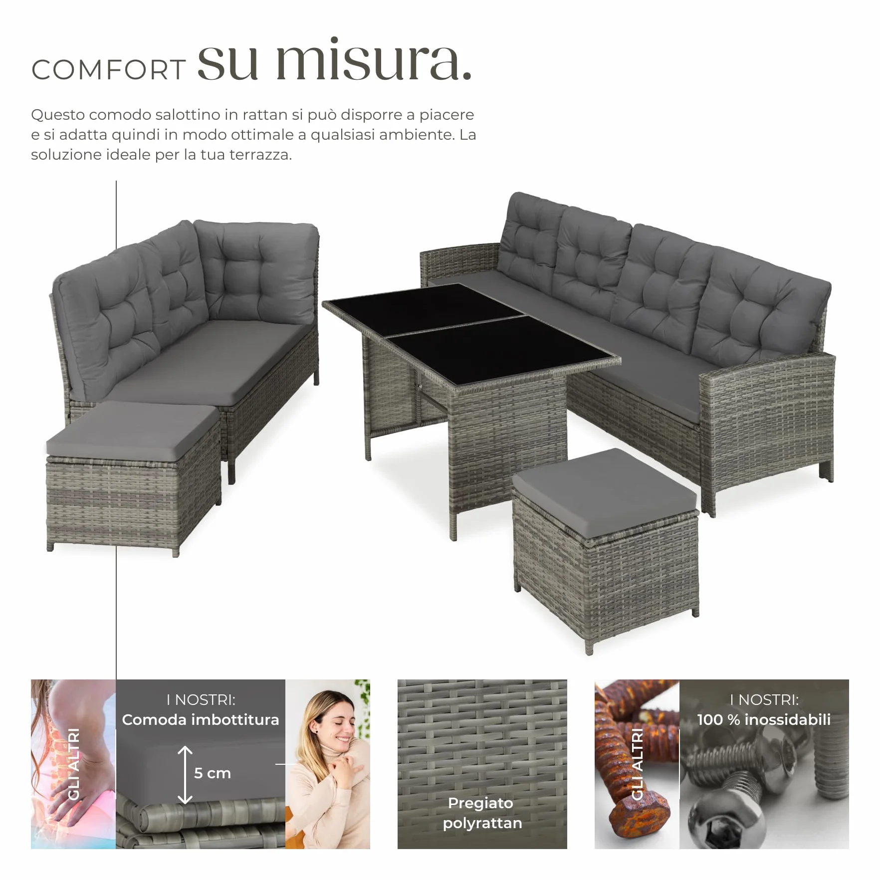 tectake® Set Salotto Rattan, Salotto da Giardino Esterno, Telaio Acciaio, Tavolino da Salotto 2 Piani in Vetro, Divani, Cuscini Relax, Sgabelli Poggiapiedi, Piscina, Giardino - Grigio Mélange/Grigio