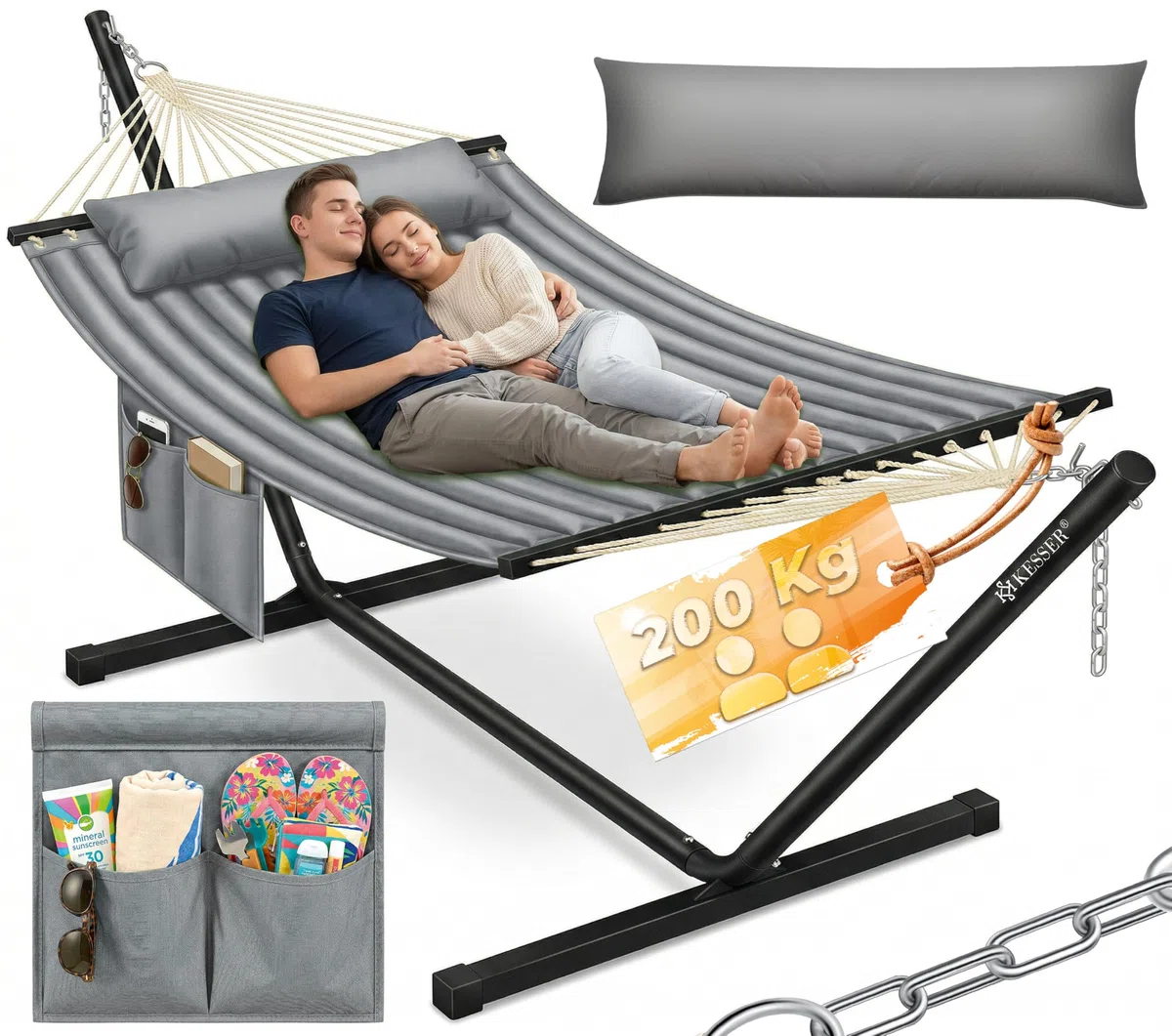 KESSER® Amaca con telaio e cuscino, Amaca doppia per 2 Persone, Portata 200 kg, Interno ed esterno, XXL, Sedia sospesa, Giardino, Piscina, Balcone, Terrazza - Grigio