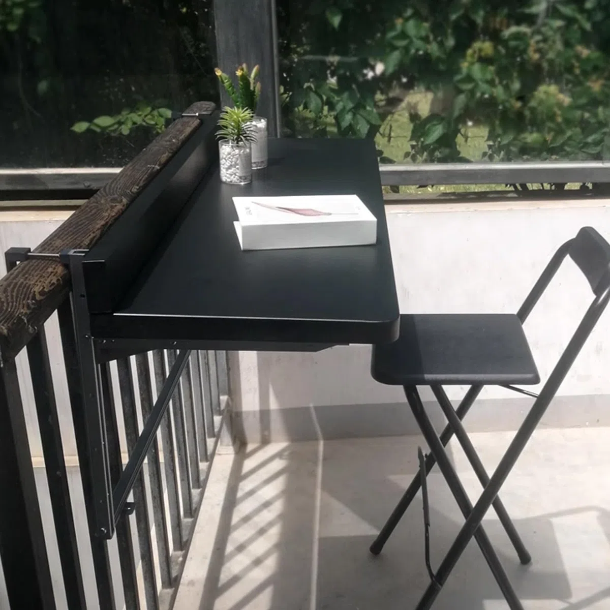 Tavolo Pieghevole da Balcone 5 Altezze Regolabili con Ringhiera per Patio Giardino Terrazza