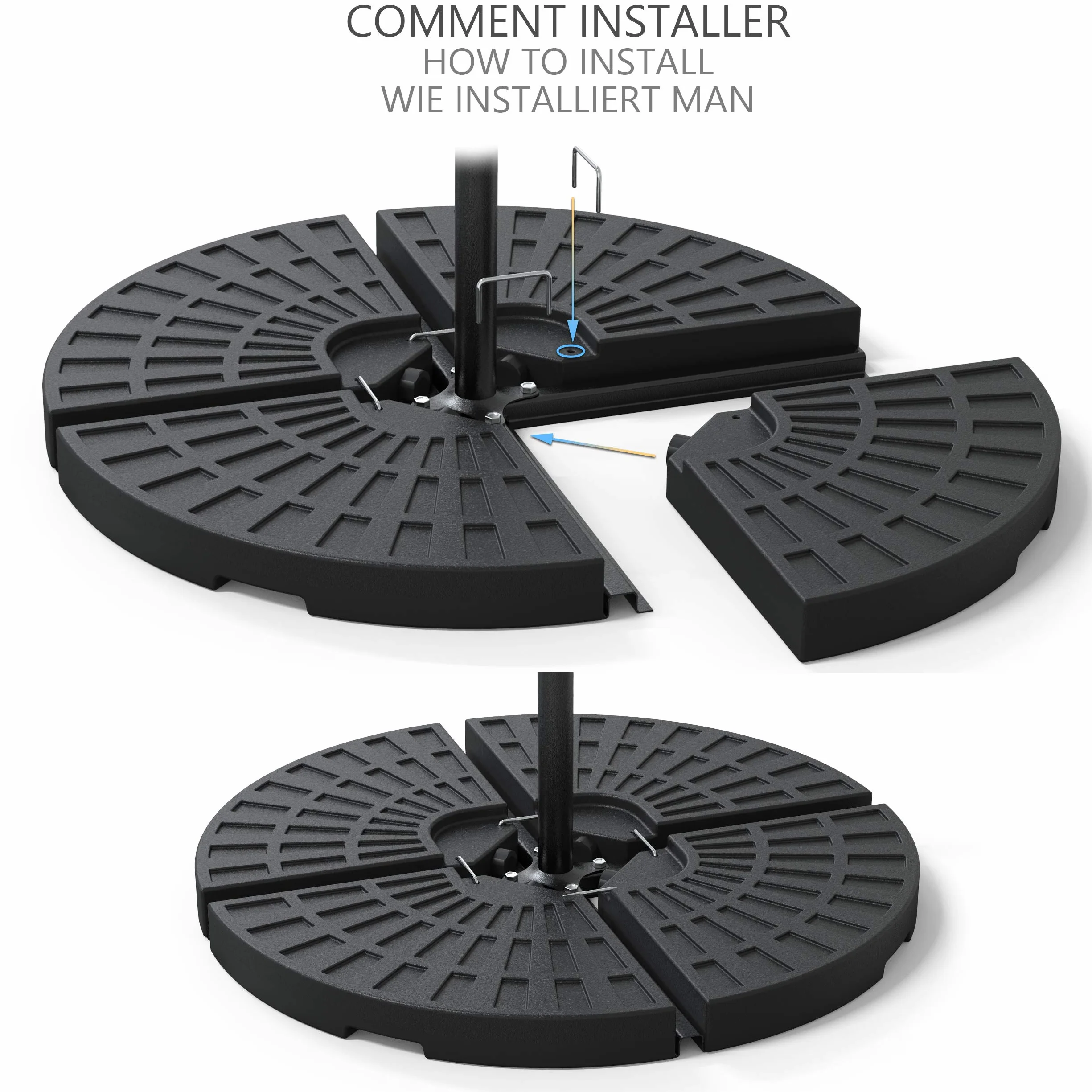 VOUNOT® Base per Ombrellone da Giardino in Plastica, Riempibile con 52 Litri di Acqua o 100 kg di Sabbia, Nero