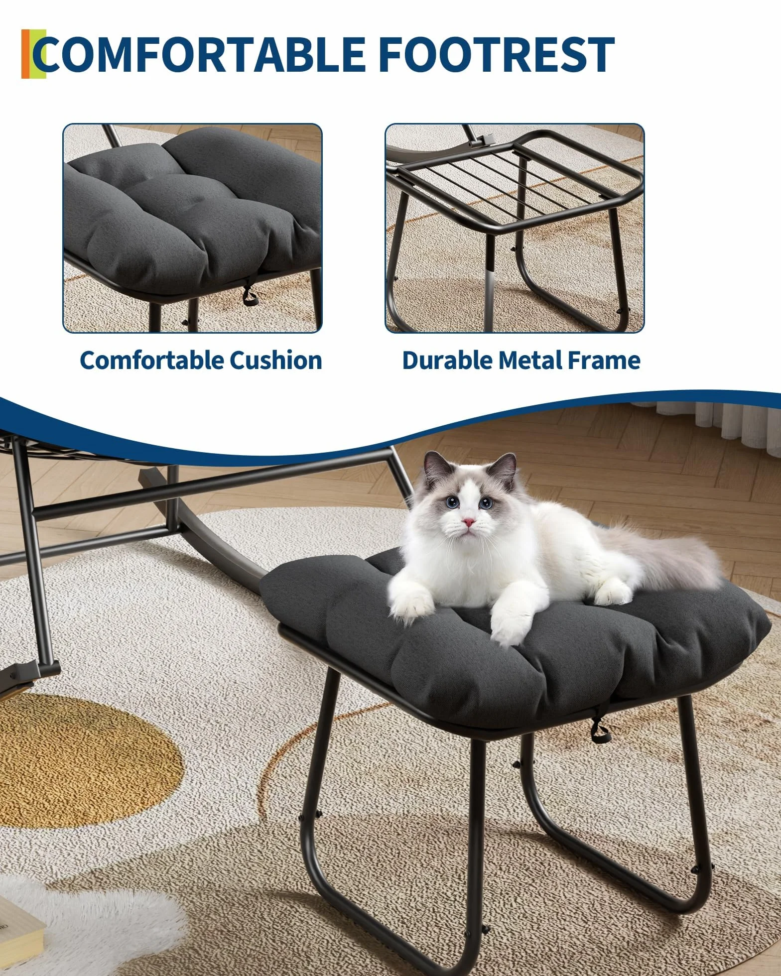 Sedia a dondolo esterno oversize forma uovo poggiapiedi - Seduta ergonomica tessuto grigio imbottitura spessa, struttura in metallo resistente alle intemperie, moderna sedia giardino giardino