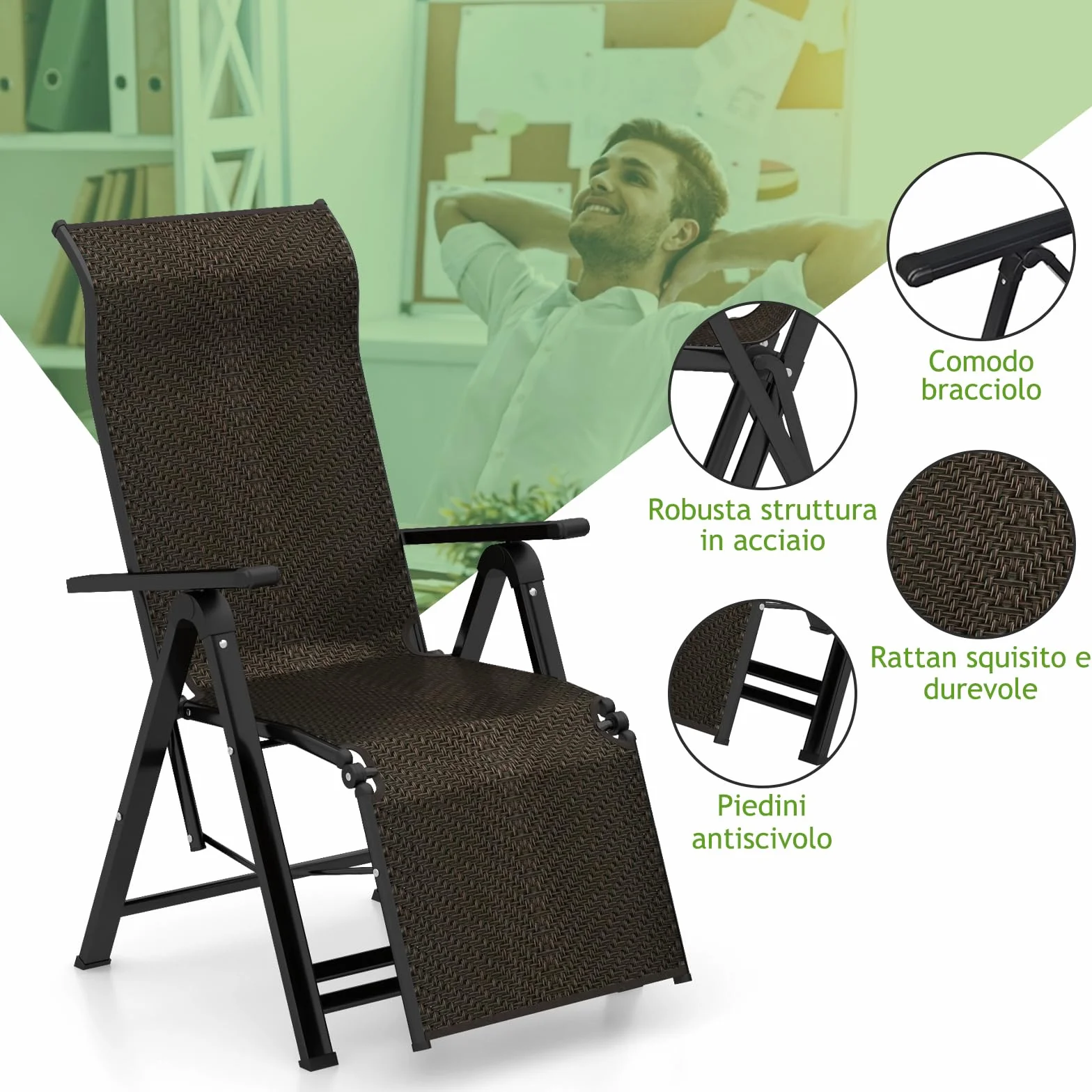 COSTWAY Sdraio da Giardino Pieghevoli in Rattan e Acciaio, Schienale Regolabile 10 Posizioni, Portata 113 kg, 2 Pezzi