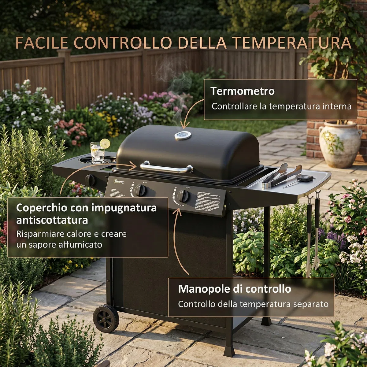 Outsunny Barbecue a Gas 7kW 2+1 Bruciatori con Coperchio, Termometro, Tavolino Laterale, Nero
