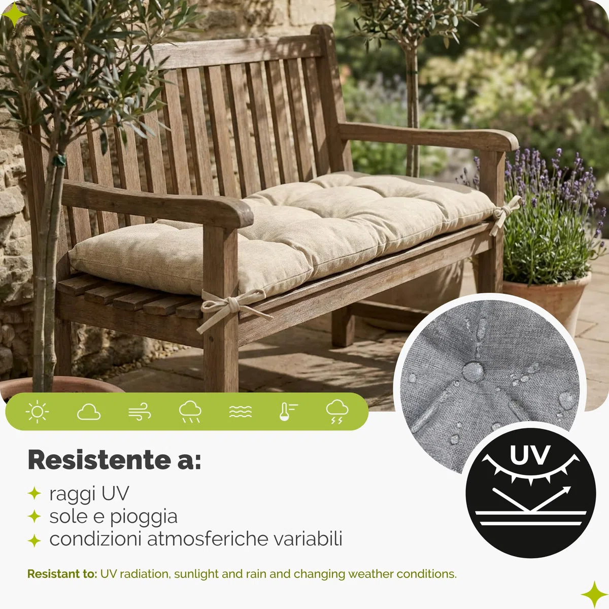 Garronda Impermeabile Cuscino per Panca da Esterno 100 x 50 Cuscini da Esterno adatto a Giardino Balcone e Terrazza in Poliestere per Divani Sedute e Mobili Outdoor Resistente Verde GD-0219
