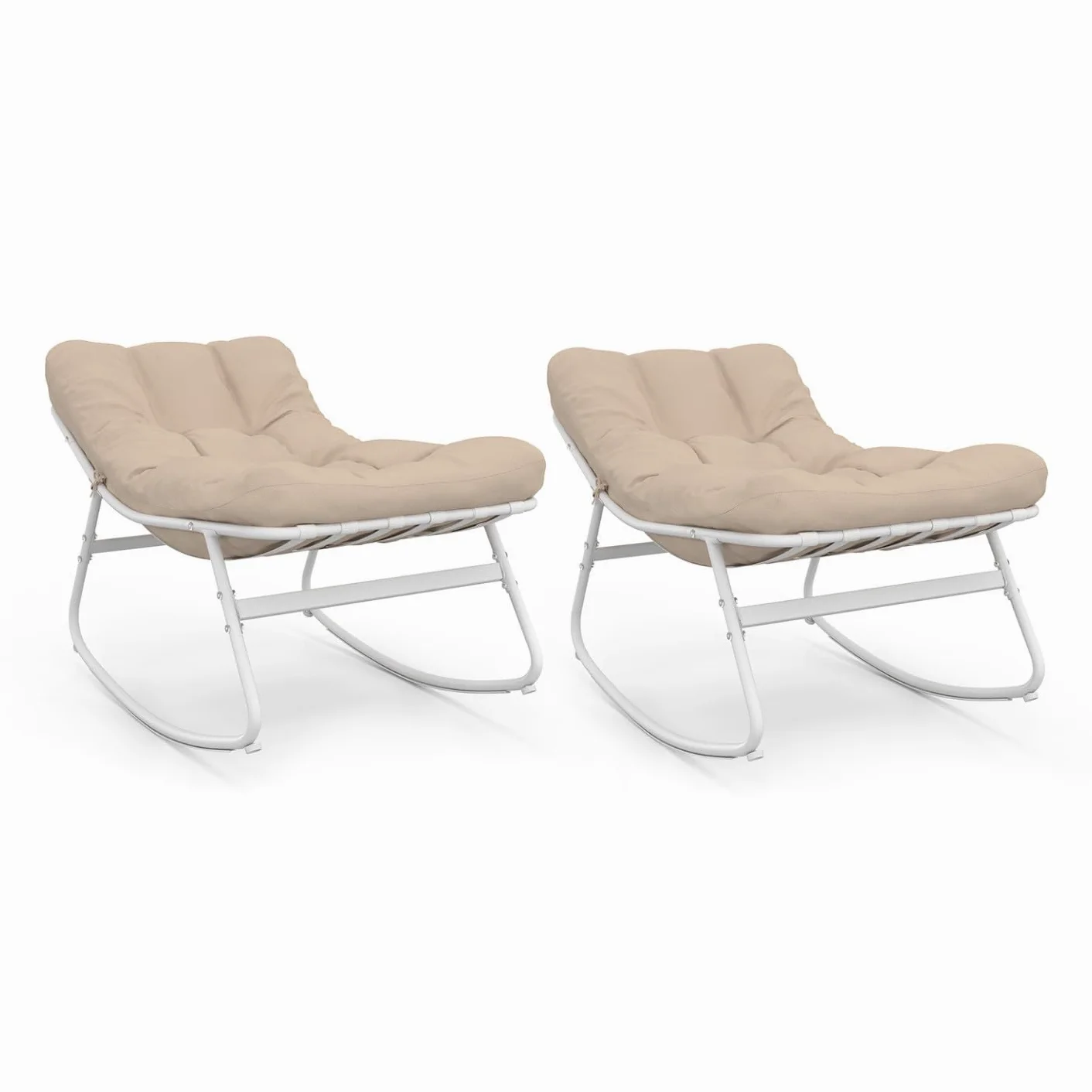 Set di 2 sedie a dondolo da giardino Arona, bianche con cuscini beige