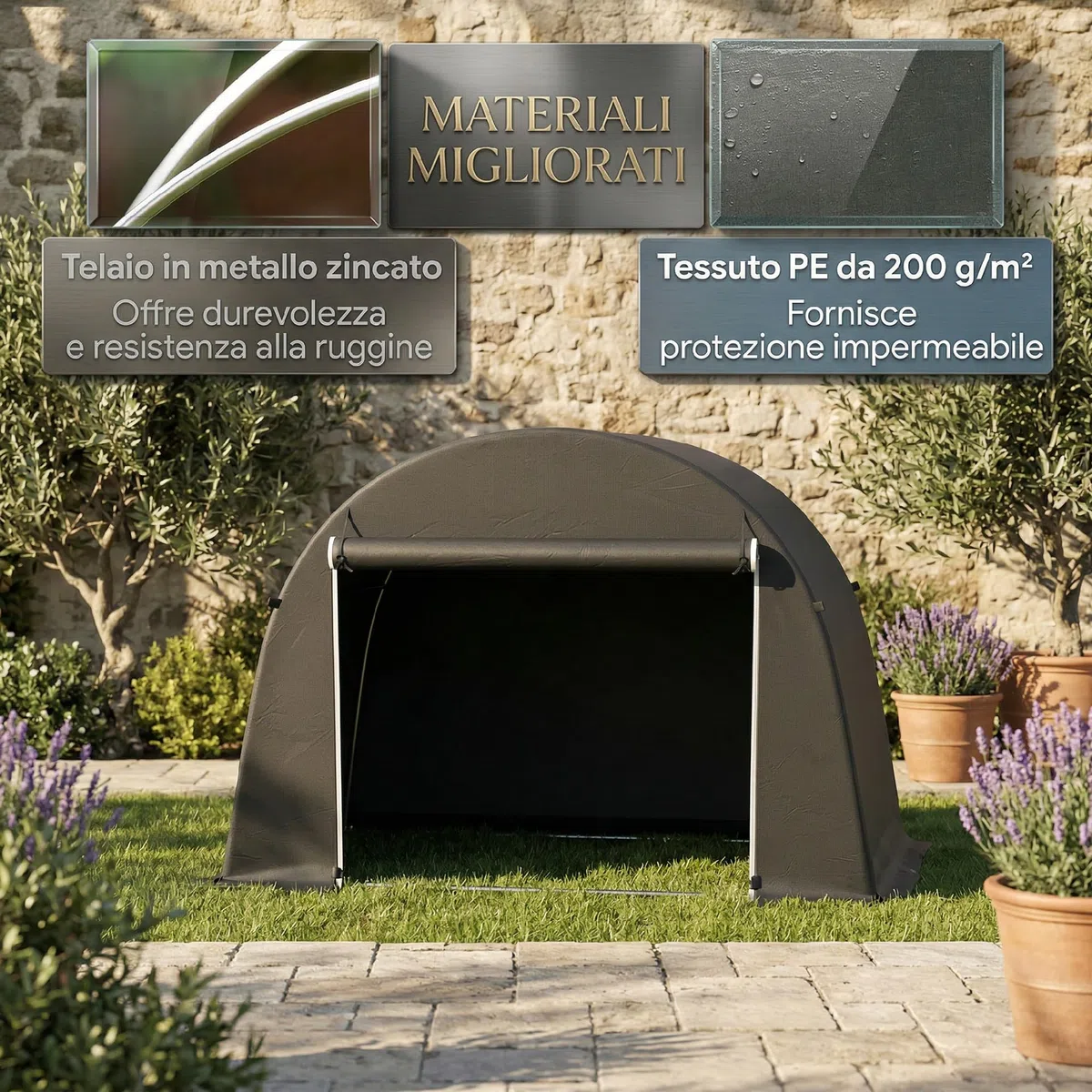 Outsunny Tenda Garage per Biciclette da Esterno Impermeabile 245x120x200 cm Capanno da Giardino con Ingresso con Zip per Attrezzi in Metallo Zincato e Tessuto PE Grigio Scuro
