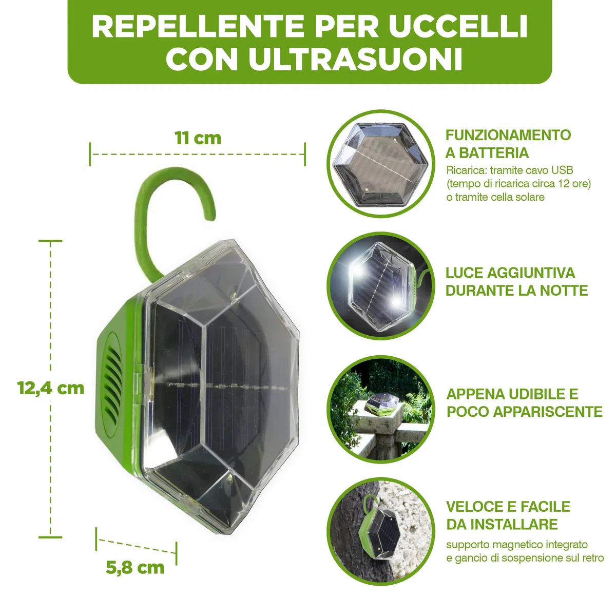 ISOTRONIC dissuasore solare uccelli luce lampeggiante ultrasuoni raggio 150m² 3 unità esterno protezione