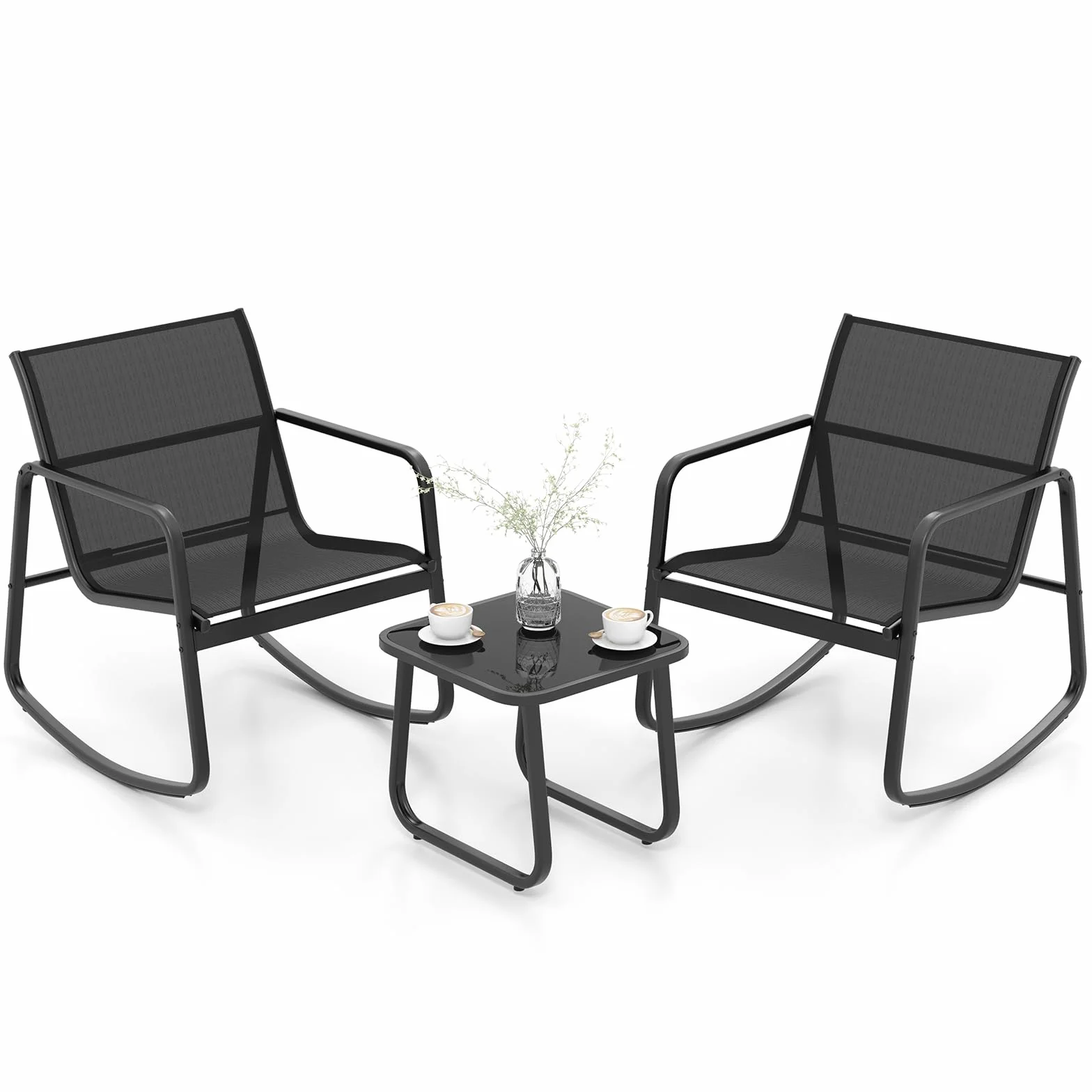 COSTWAY Set Bistrò 3 Pezzi, Sedie a Dondolo Ergonomiche Textilene, Tavolino Vetro Temperato, Struttura Metallo, Nero