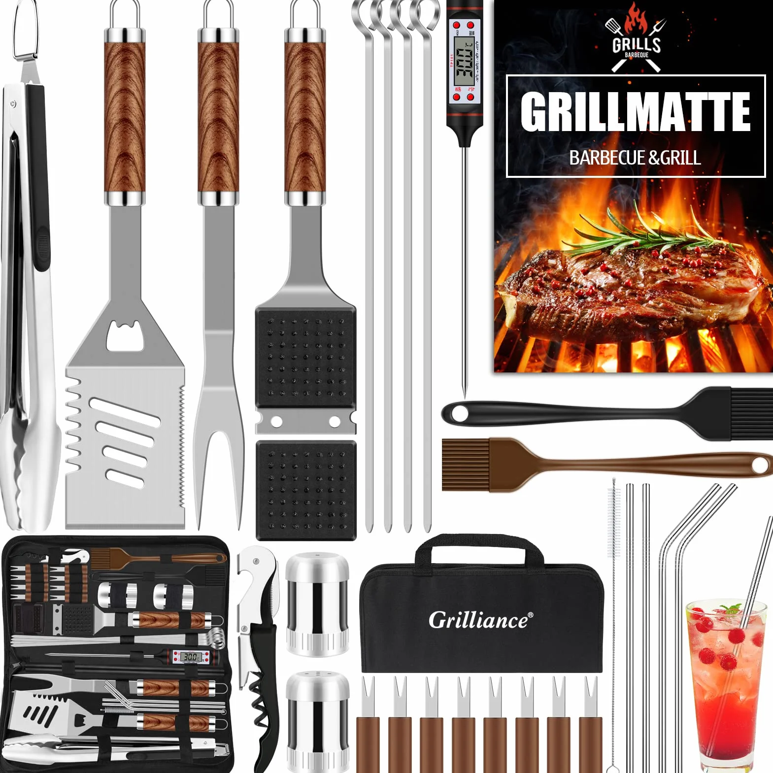 Grilliance Set di 30 Posate per Barbecue, in Acciaio Inox di Alta qualità, Pinza per Barbecue, cavatappi, Set con Valigetta e Tappetino per Barbecue, per Uomini, Regalo per Campeggio, Marrone