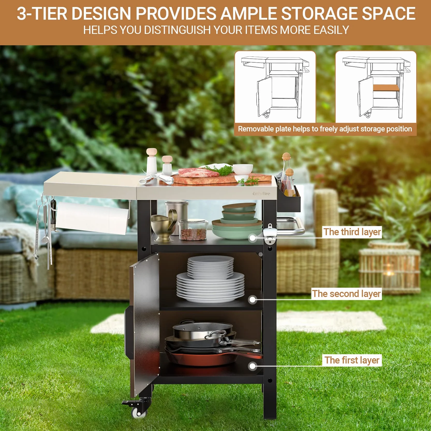 onlyfire Carrello per Barbecue da Giardino con Spazio Chiuso 88.5×56×91 cm