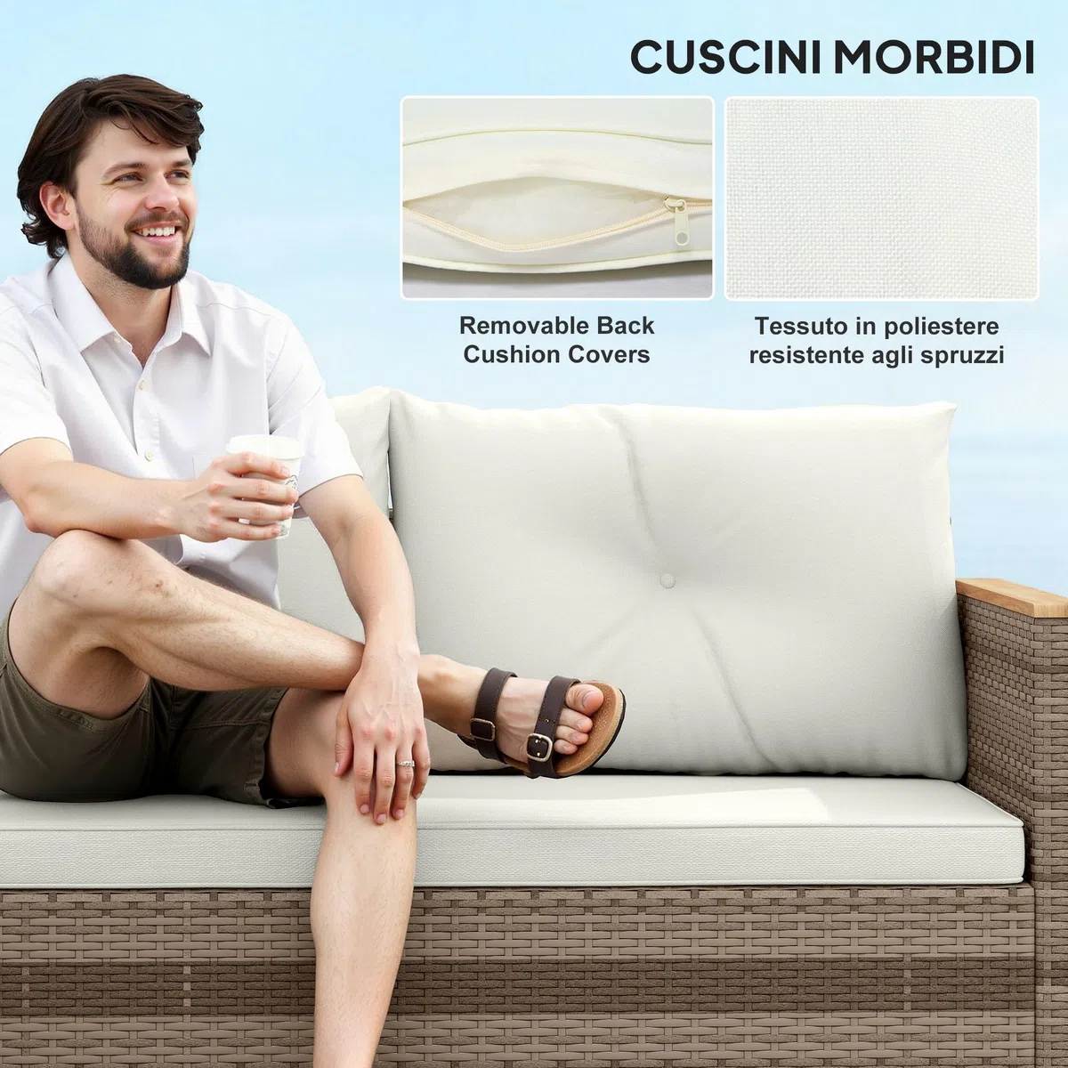 Outsunny Set di Mobili da Giardino in Rattan 3 Pezzi, Salotto da Esterno con Divano a 2 Posti, Chaise Longue, Tavolino da Caffè in Vetro e Cuscini Lavabili, Struttura in Acciaio, Cachi/Crema