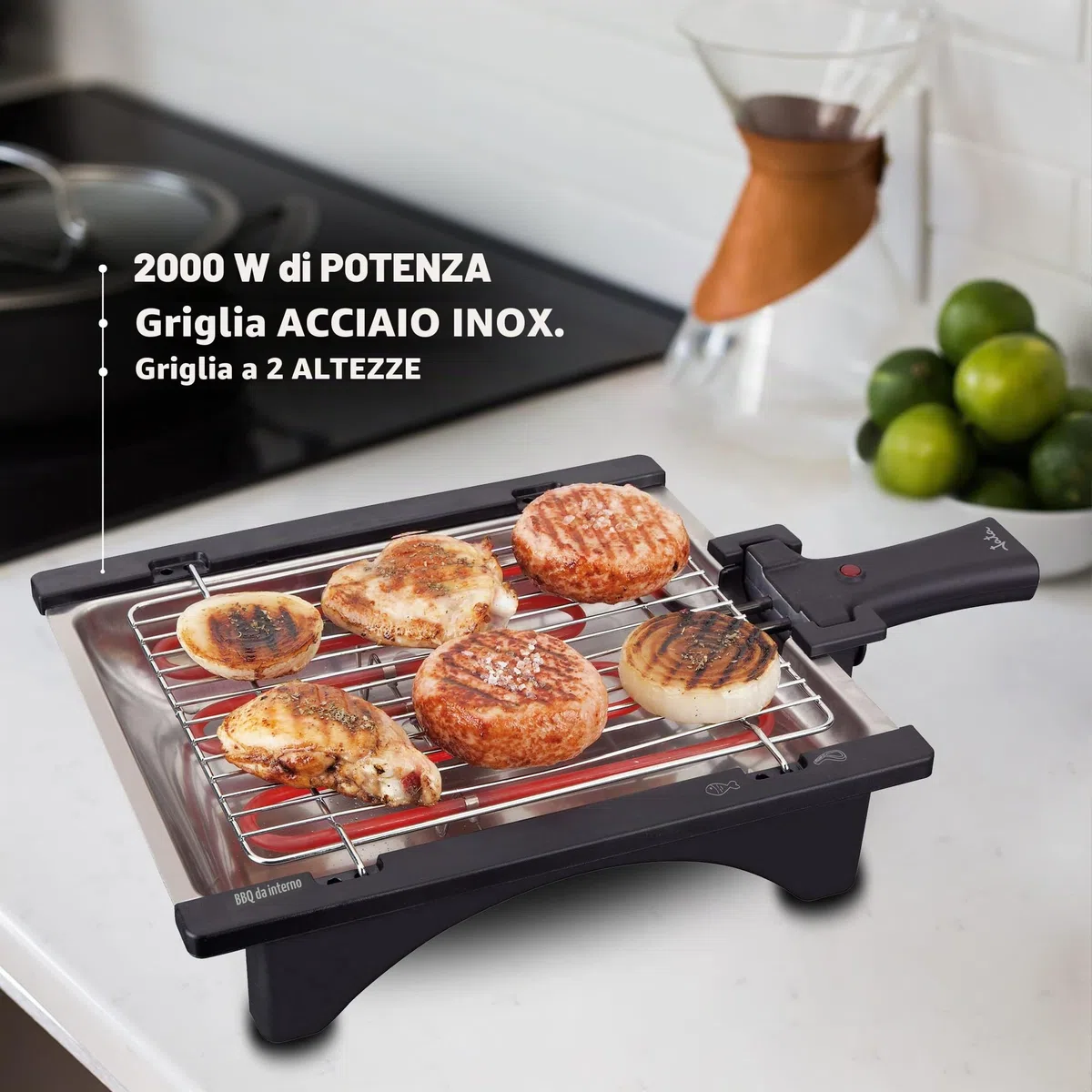 Jata - BQ95 - Barbecue elettrico perfetto per due persone, senza fumo e senza odori, smontabile, con 2 altezze, vassoio in acciaio inox, cucina sana con acqua
