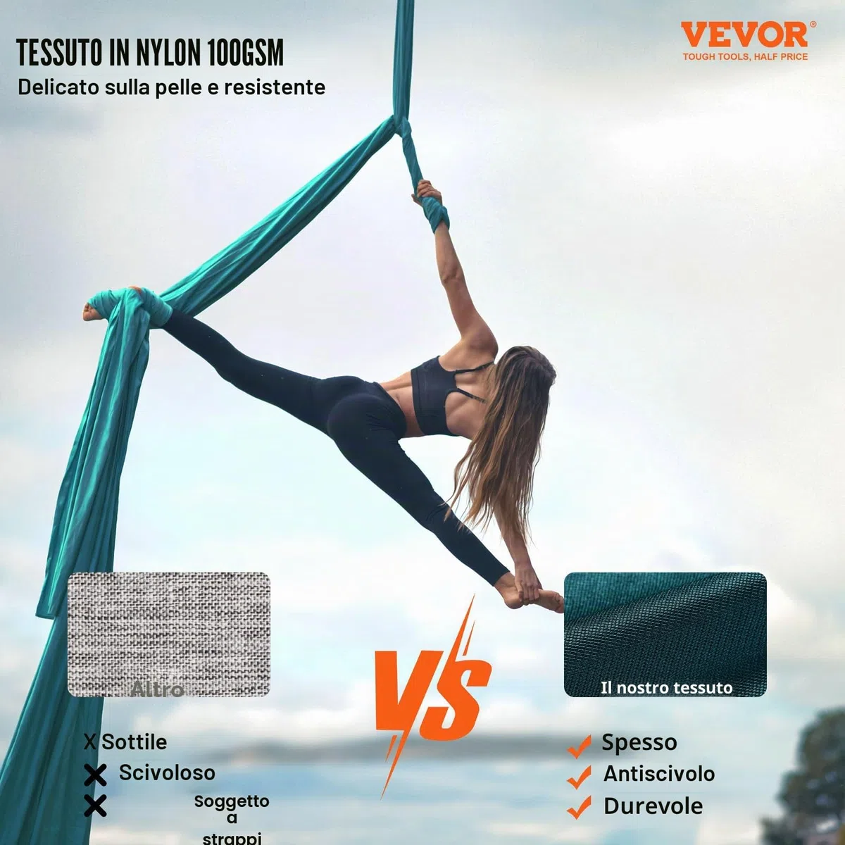 VEVOR Altalena per Yoga e Seta Aerea, 8,7 iarde, Kit Amaca in Nylon 100 g/m², Hardware Completo, Verde