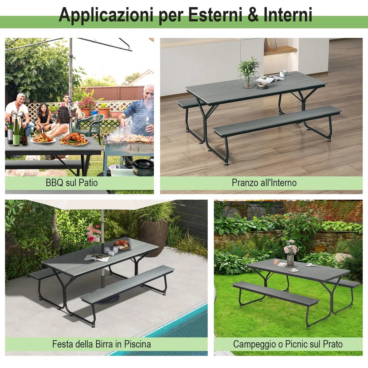 COSTWAY Tavolo da Pranzo 183 CM con 2 Panche per 8 Persone, Set da Picnic in Metallo e HDPE con Foro per Ombrellone, per Giardino Terrazzo (Grigio)