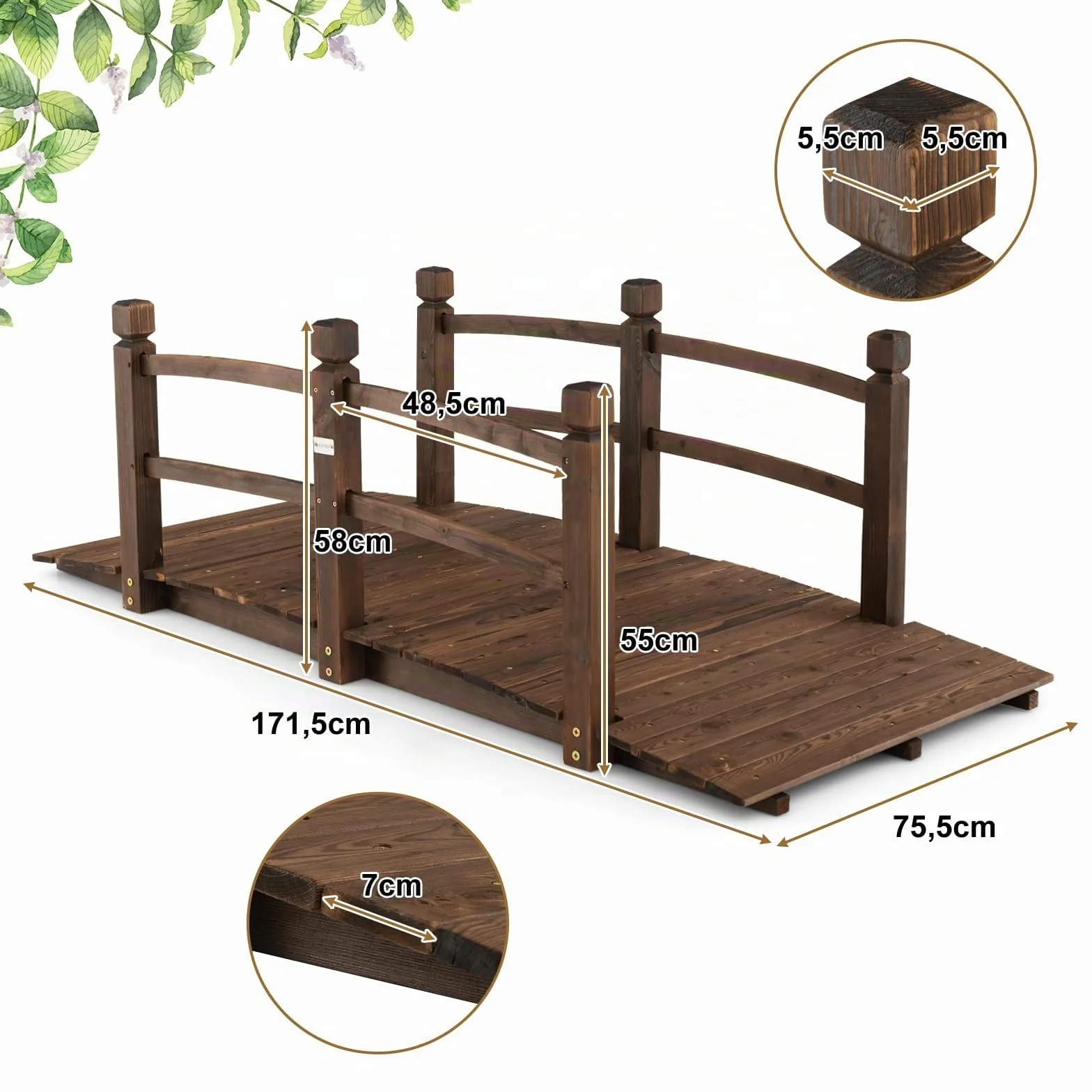 SOARS Ponte da Giardino in Legno di Abete Carbonizzato con Ringhiere, Ponticello Grande Calpestabile per Giardino e Stagno Portata 150 kg, 172 × 76 × 58 cm, Marrone