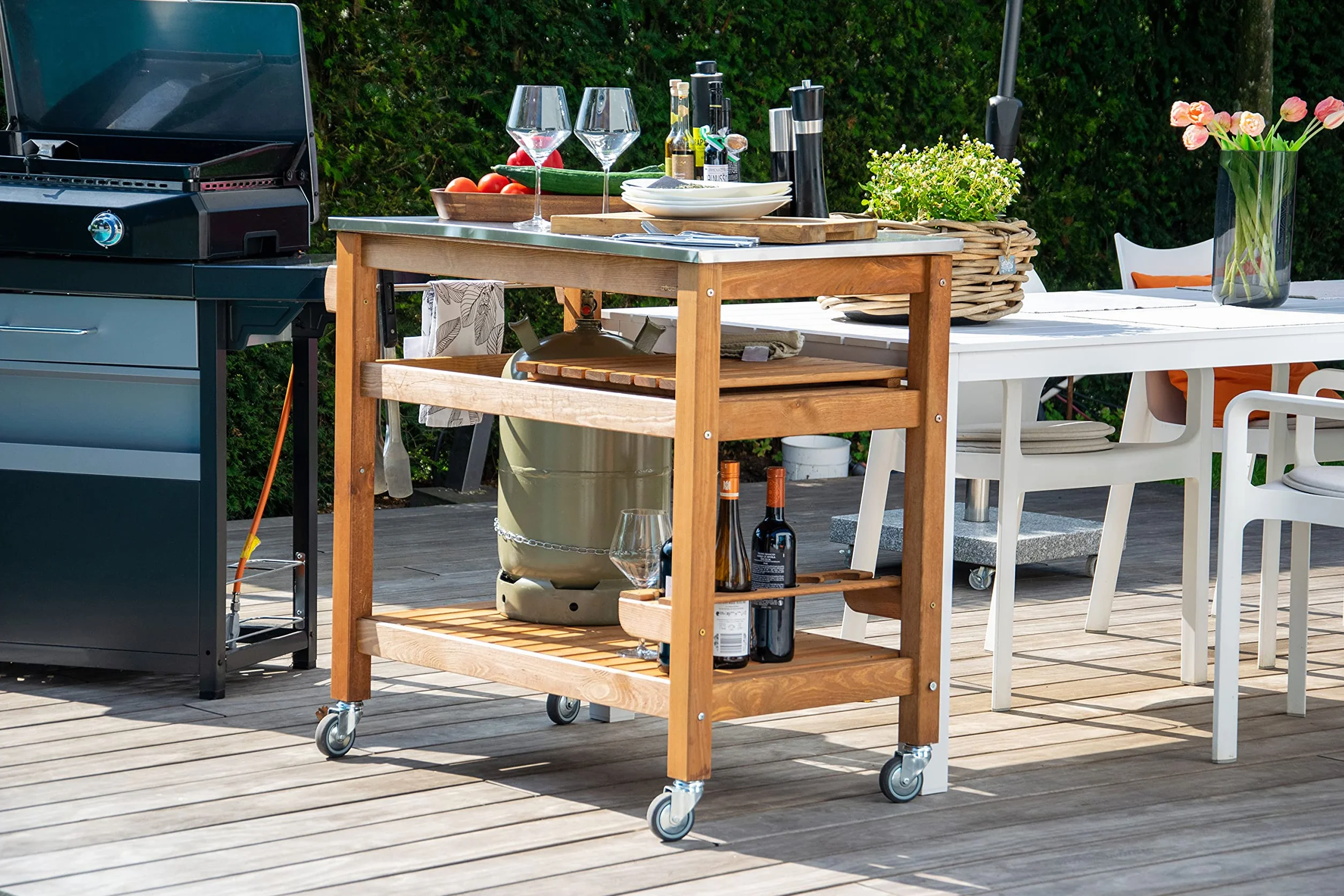 dobar® 35540FSCe Tavolo multifunzione con carrello arrotolabile legno massiccio piastra acciaio inox 94x58x90 cm Marrone