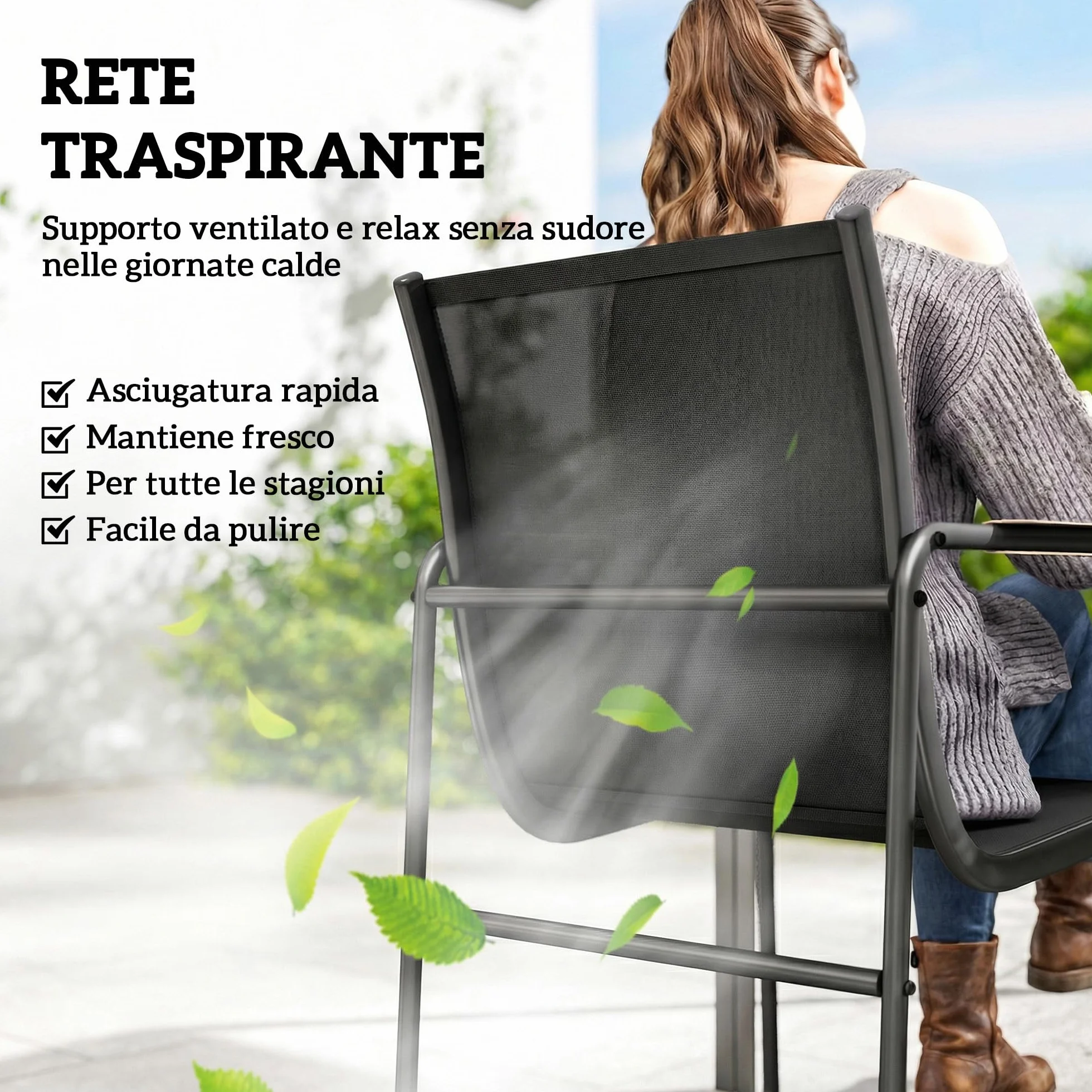 Outsunny Set Tavolo e Sedie da Giardino 7 Pezzi, Pranzo Esterno con Tavolo in Vetro Temperato, Sedie Texteline Traspirante, Acciaio, Nero