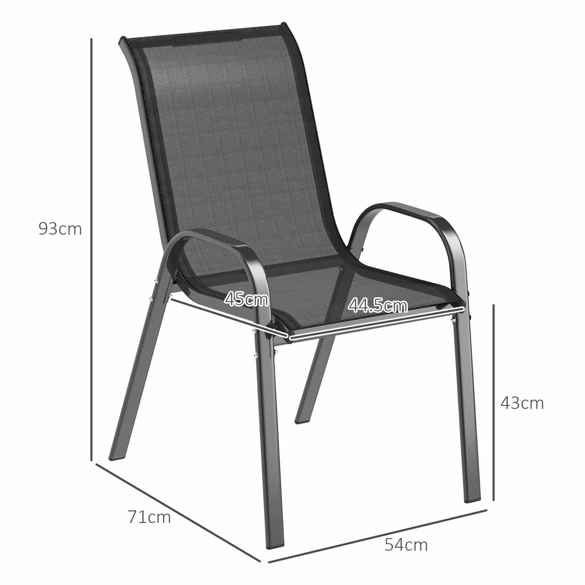Outsunny Set 4 Sedie da Giardino Impilabili con Braccioli, Acciaio e Texteline, 54x71x93 cm Nero