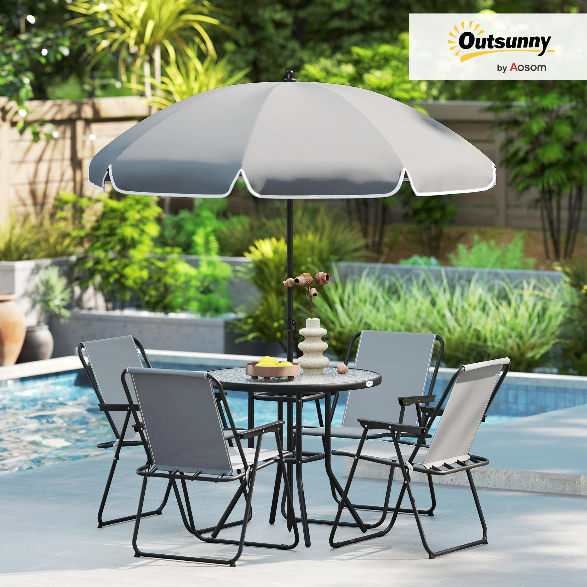 Outsunny zestaw 6-częściowy mebli ogrodowych: 4 krzesła składane, stół szklany, parasol, patio, taras, szary