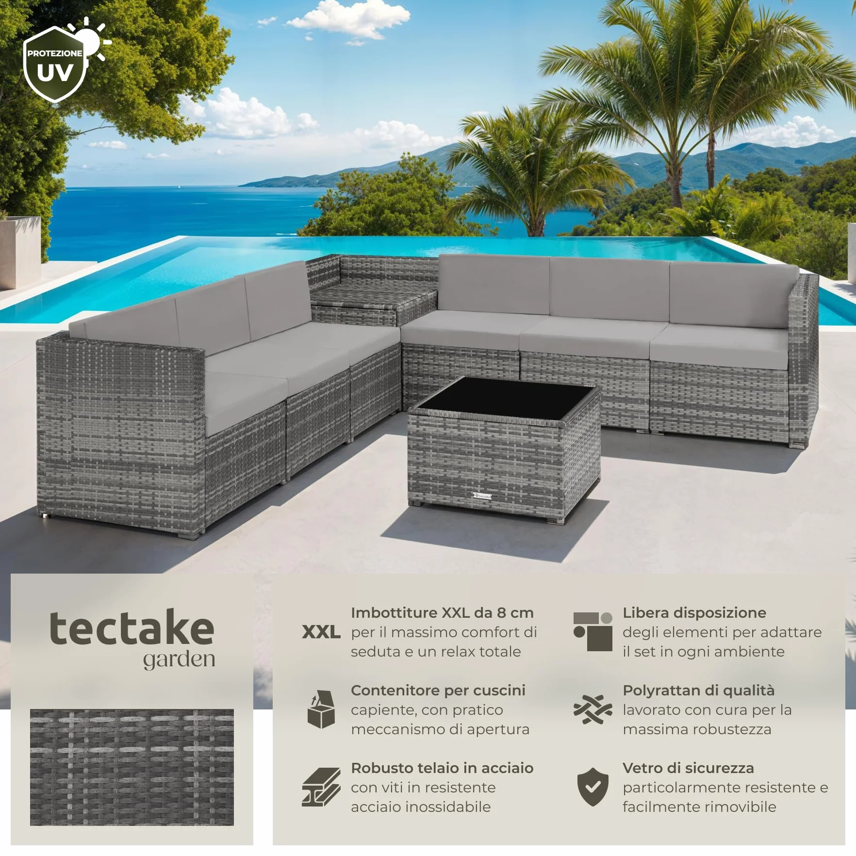 Salottino in Rattan Tectake Set da Conversazioni con Tavolo in Vetro e Box Contenitore Grigio