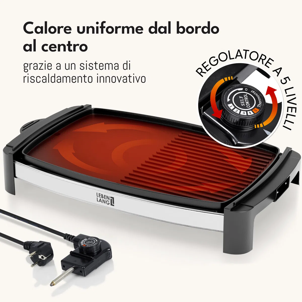 LEBENLANG Griglia Elettrica XXL 2000W - Incl. Pinze Per Barbecue I 45x30cm I Per Uso Interno & Esterno I Bistecchiera Barbecue Grande Grill Elettrico Piastra Per Grigliare Senza Fumo BBQ Da Balcone