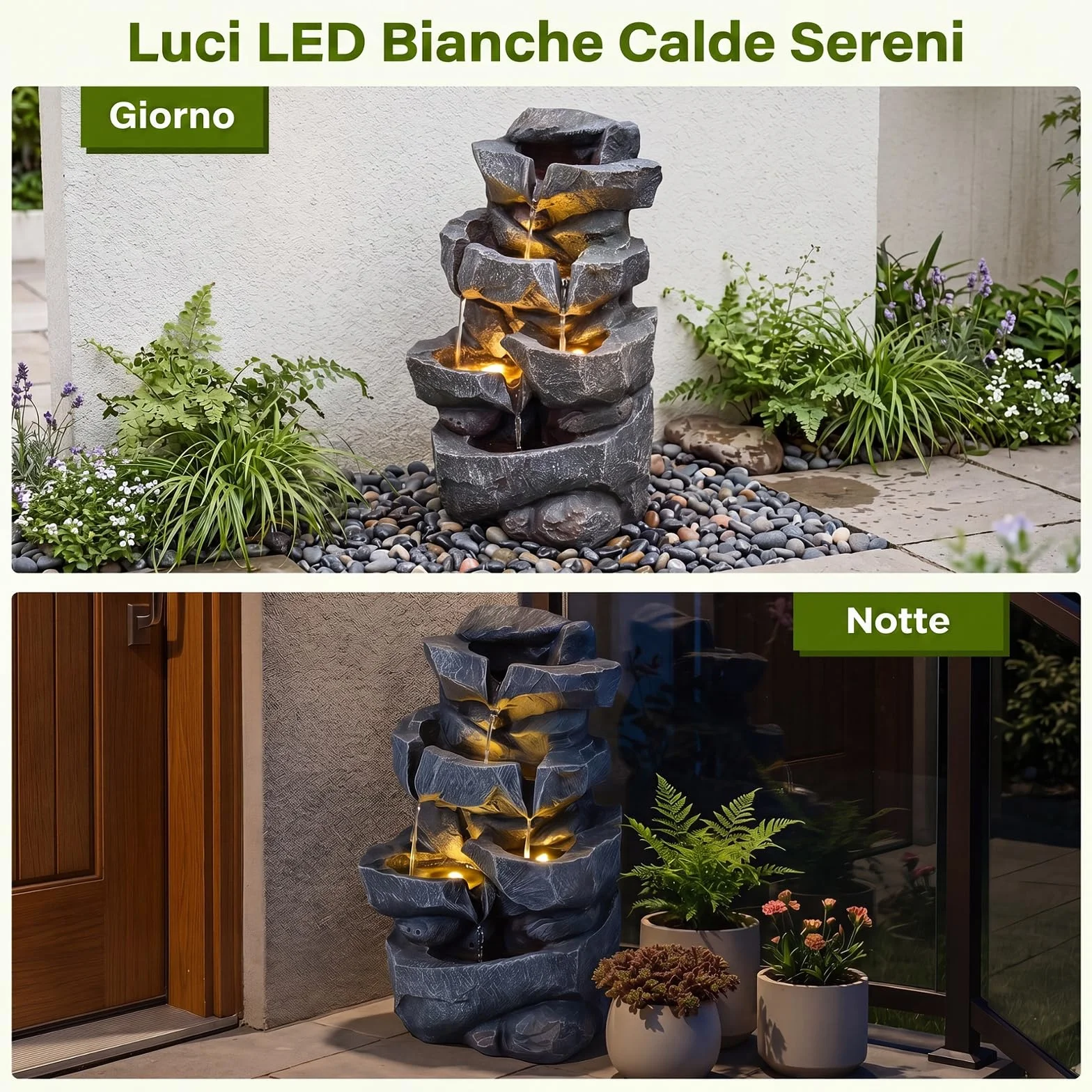 COSTWAY Fontana da Giardino a 5 Livelli, Fontana Cascata da Esterno con Luci e Flusso d'Acqua Regolabile, Fontanella Elettrica a Forma di Roccia con Effetto di Pietra da Terrazza e Balcone