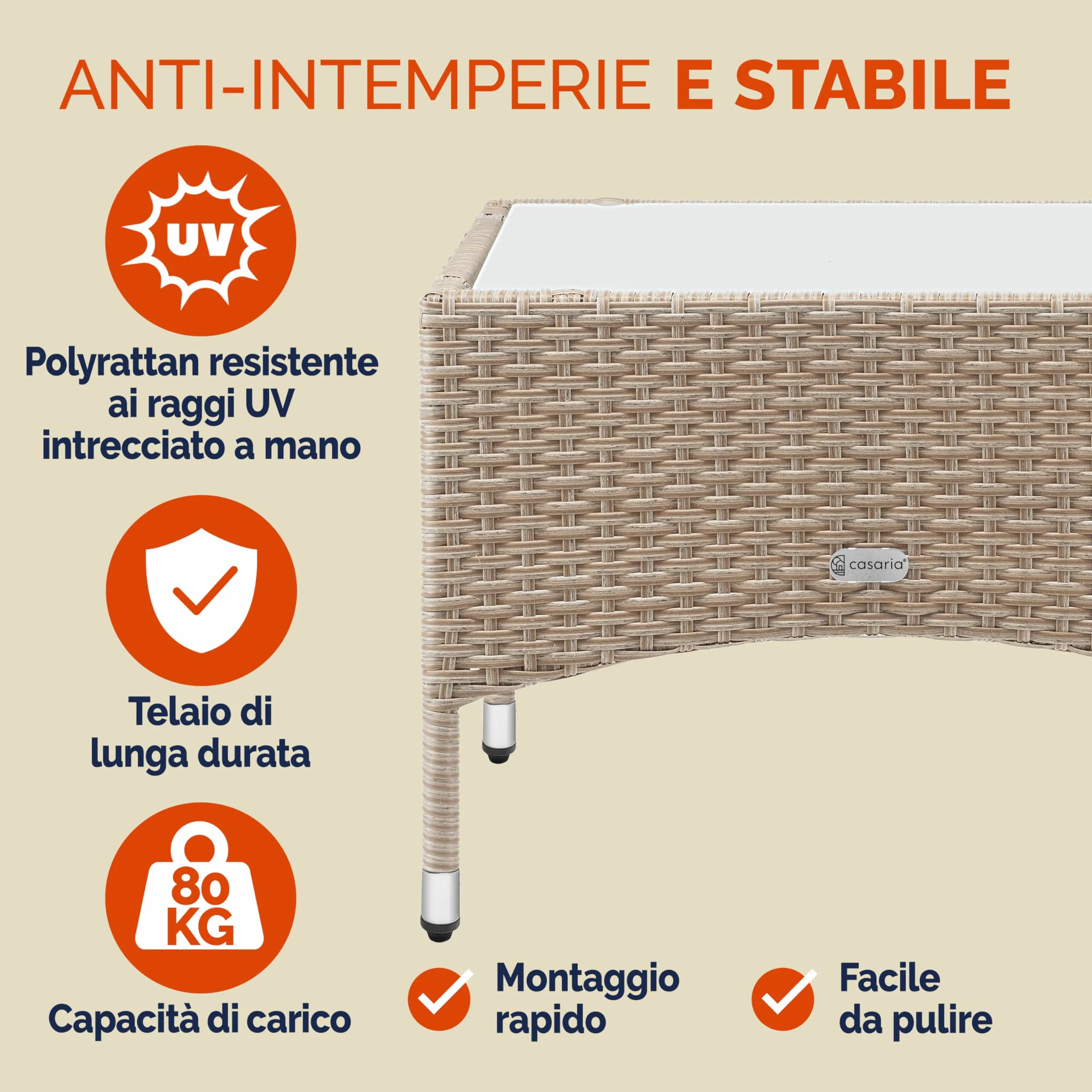 Casaria Tavolino da Giardino Esterno in Polyrattan 58x58x42cm Tavolo Basso da Caffè Quadrato Vetro