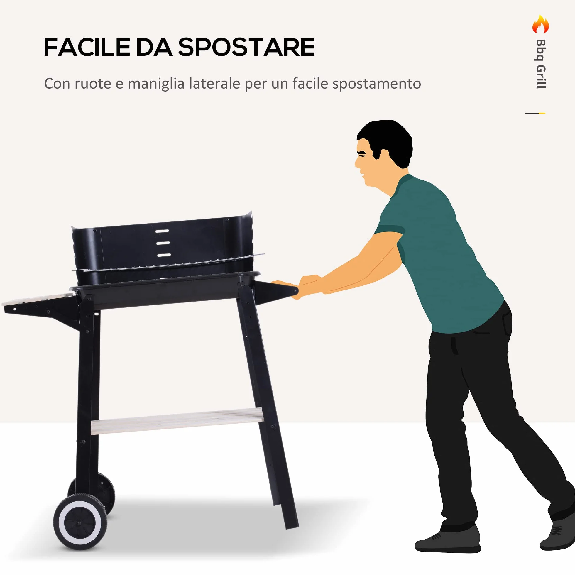 Outsunny Griglia a Carbone Barbecue BBQ Carrello Grill 83x37x87 cm Nero Ferro Legno