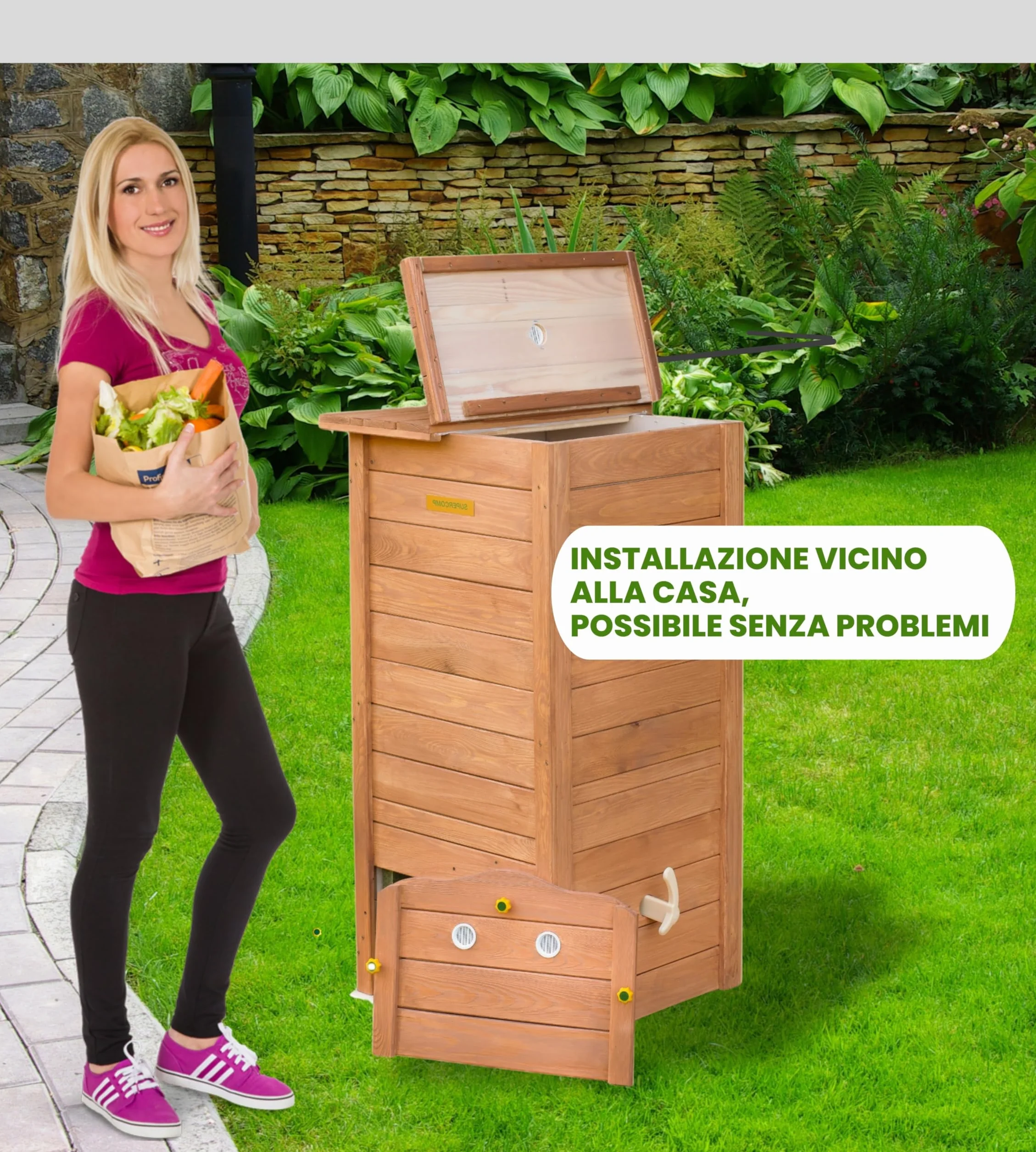 Compostiera da Giardino in Legno con Coperchio, Compostaggio facile senza Cattivi Odori e senza Rivoltamento Compost, con Sistema Anti Insetti e Dispositivo d’Aerazione, con Piano, da 340lt