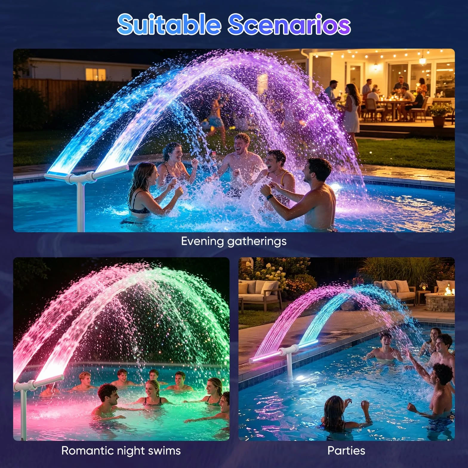 Fontana di Piscina, Fontana Solare a Doppia Testa con Illuminazione RGB, 11 Colori, Controllo APP e Telecomando, 6 Modalità di Illuminazione, Jet Regolabile 0,5-3 m, Per Piscine Fuori Terra e Sepolte